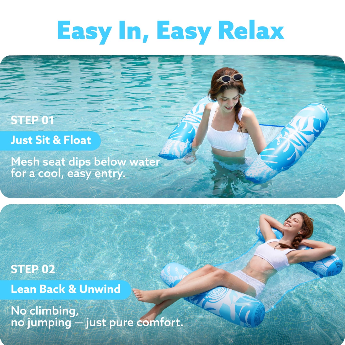 SLOOSH 2 Packs Tropical Leaves Hammock Pool Floats Adults, 4-in-1 Multi-Purpose Inflatable Pool Floats PVC Water Hammock Lounge Floaties (Blue&Green)