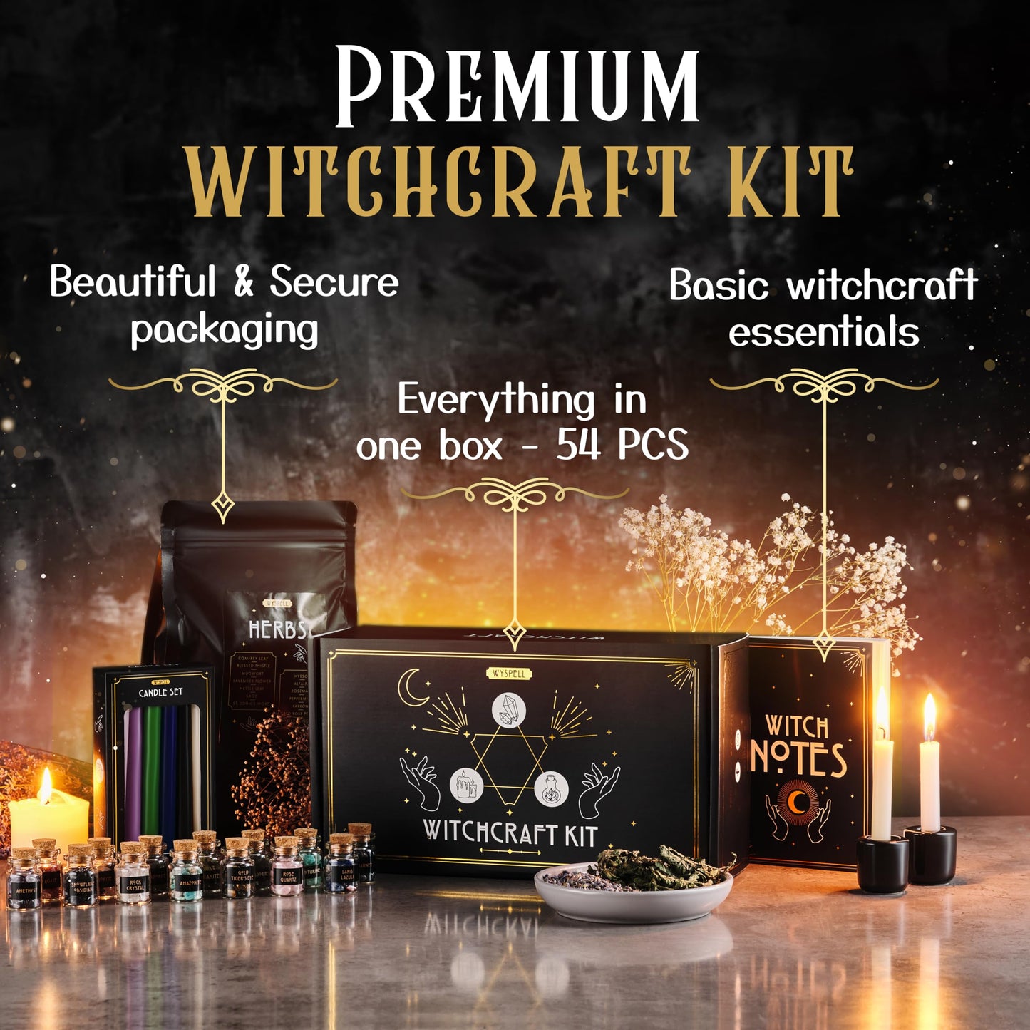 Wyspell Witchcraft Supplies Kit - 54PCS - Witch Kit for Altar: Spell Candles, Dried Herbs, Healing Crystals in Jars - Wiccan Supplies & Tools - Witchy Gifts for Beginners