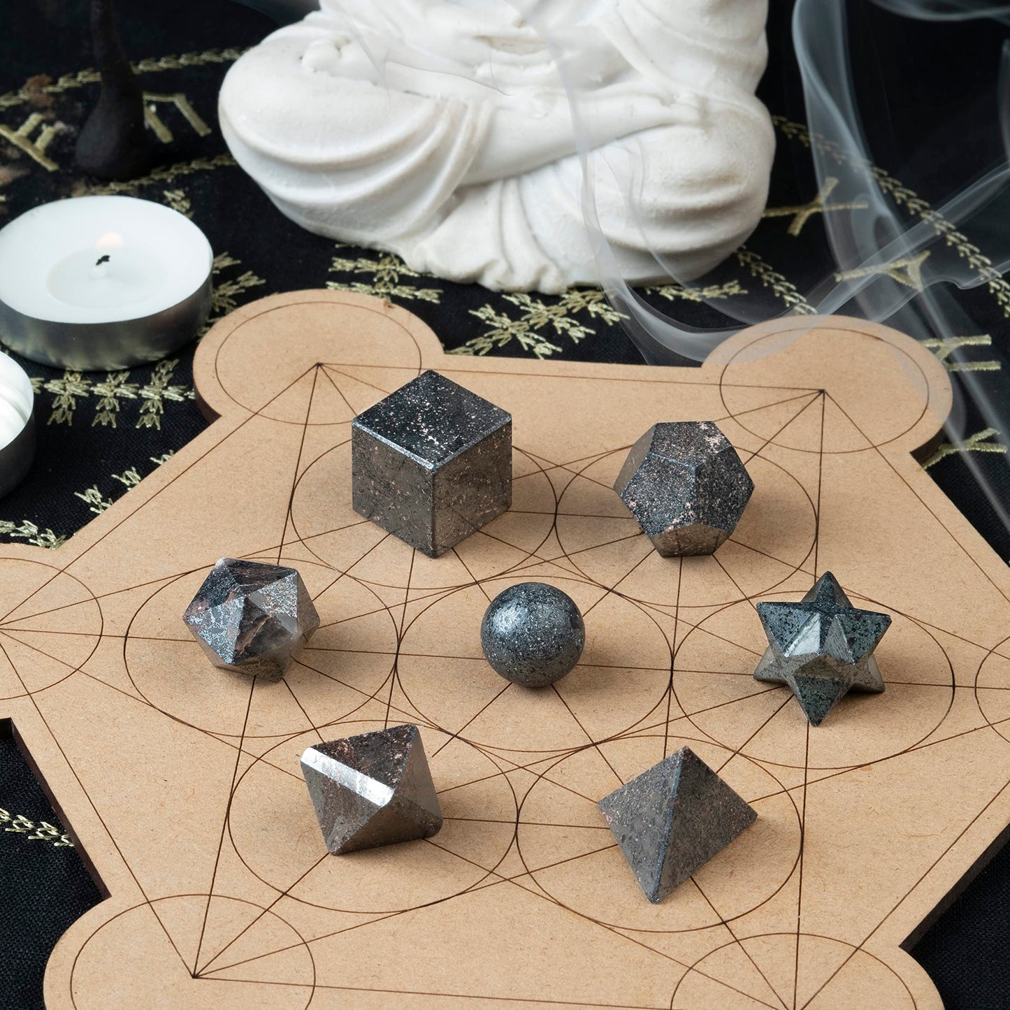 Crocon Hematite 7 Pcs Platonic Solid Sacred Stones Geometry Set for Reiki Healing Chakra Stone Balancing Crystal Cleansing Spiritual Money Good Luck Decor Size: 15-20 mm
