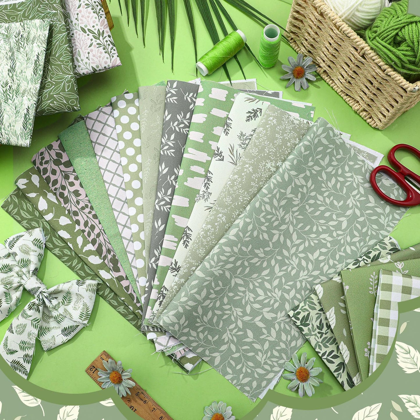 Tegeme 40 Pcs 10 x 10 Inches Sage Green Floral Fabric Squares Vintage Greenery Precut Fabric Bundle Retro Eucalyptu Gingham Polka Dot Spring Leaves Printed Sewing Sheet for Craft DIY Quilting Sewing