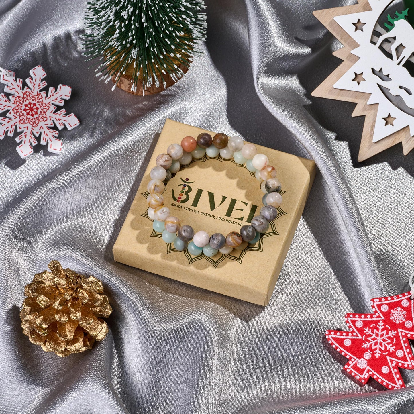 Bivei Natural Gemstone Semi Precious Crystals Handmade Stretchy Round Beads Bracelet, Enhance Positive Energy,Stocking Stuffers for Women(Bamboo Leaf Agate & Amazonite (Good Luck) Medium)