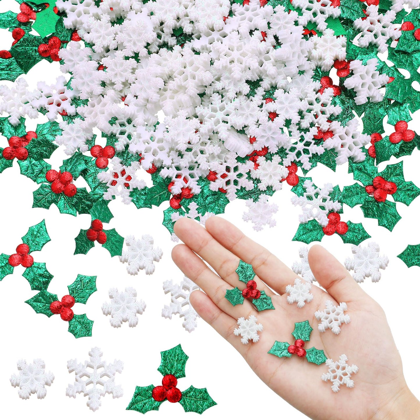 Wenqik 300 Pcs Mini Resin Snowflakes Holly Green Leaves Decors and Berries Charms for Xmas Craft, Glitter Tiny Snowflake Buttons with Berries Embellishments for Card Gift Xmas Holiday Party Supplies