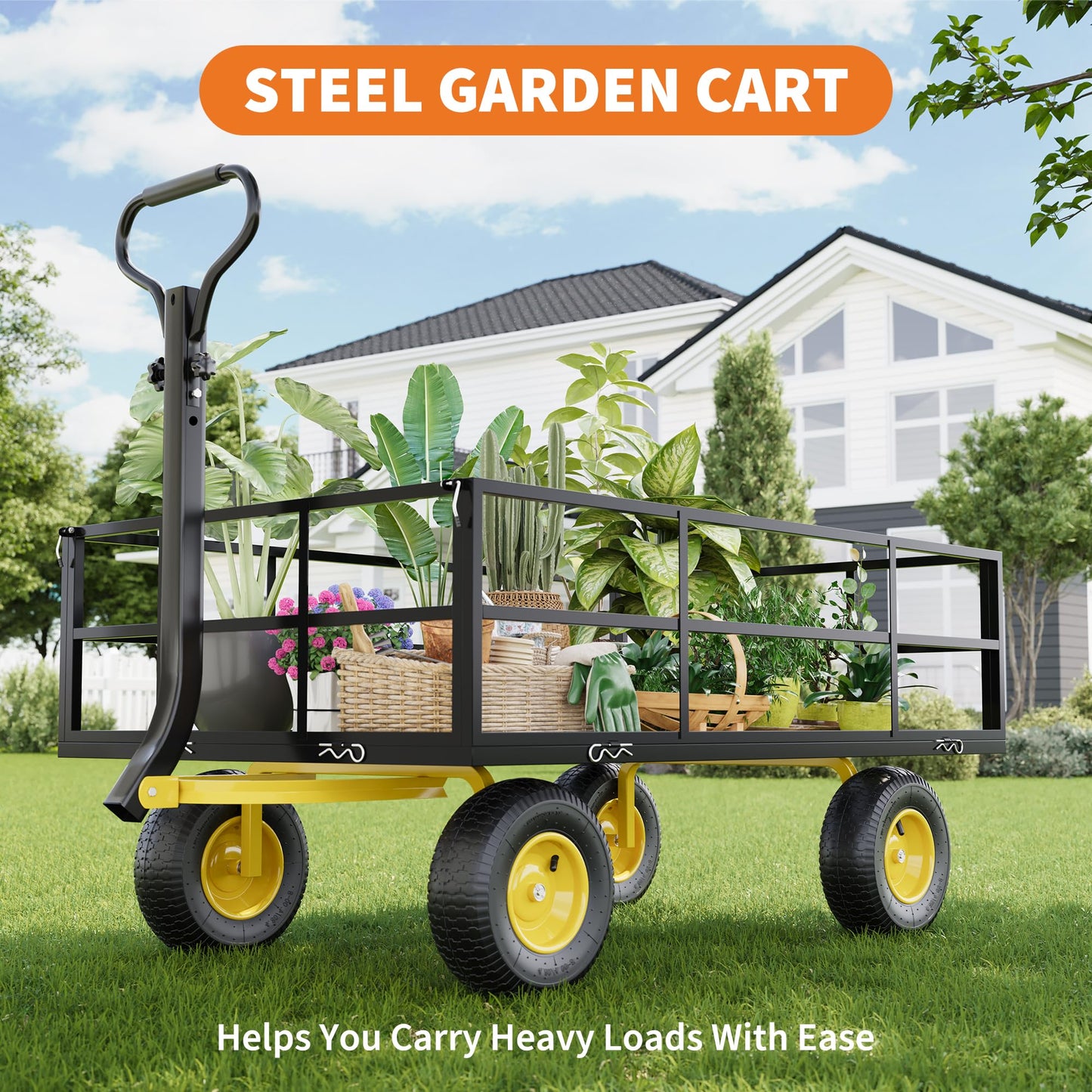 3-in-1 Heavy-Duty Steel Garden Cart, 1200 Lbs Garden Wagon, with 13 Inch All-Terrain Tires and Removable Mesh Side Panels, 180° Rotating Handle, Metal Utility Yard Trailer, Outdoor Gardens Wagon Cart