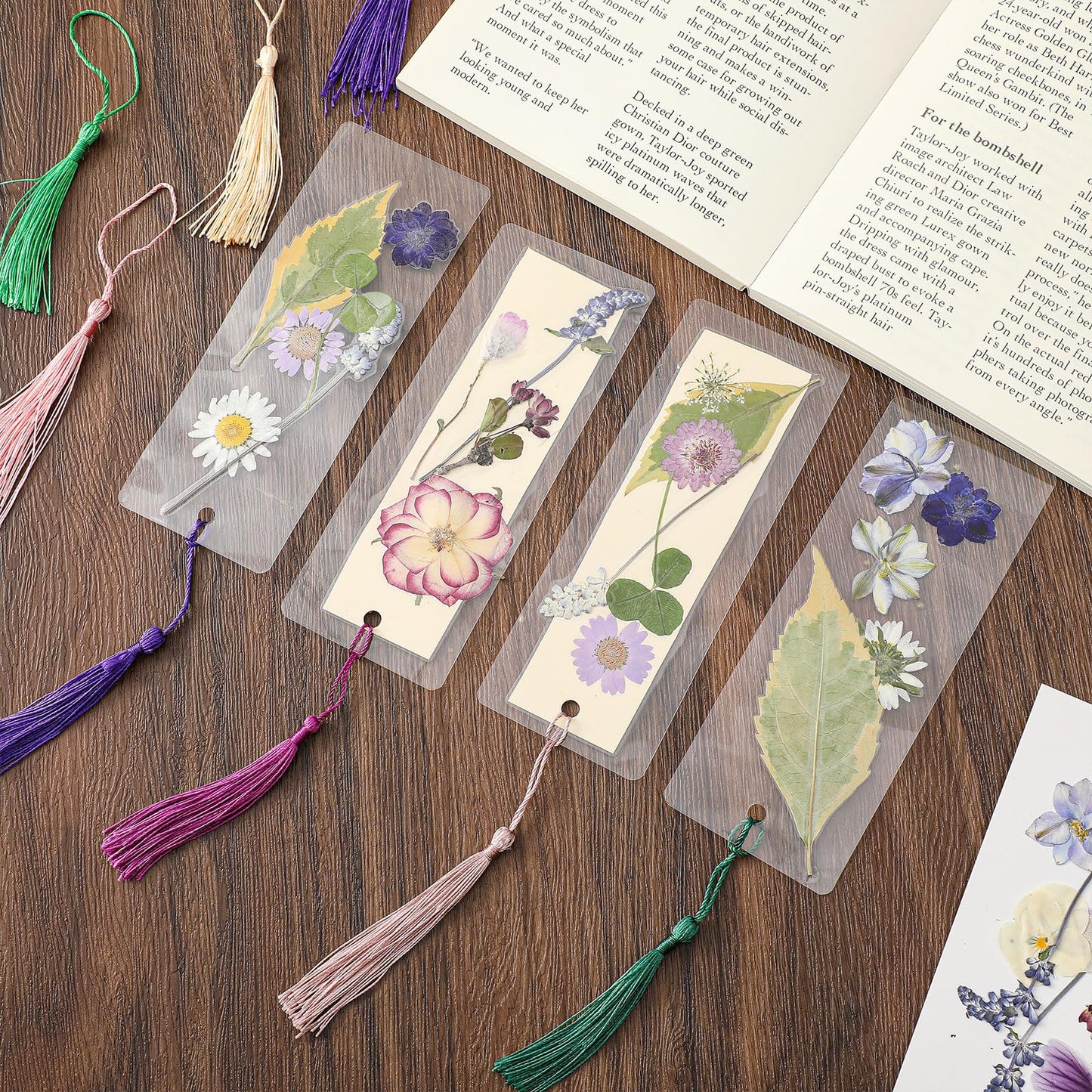 Fuyoooo 376 Pcs Dried Flower Bookmark Making Kit, DIY Bookmark Laminating Pouches with Tassels and Puncher, Handmade Craft Kit for Women, DIY Gifts for Book Lovers (Purple,2 x 6 Inch)