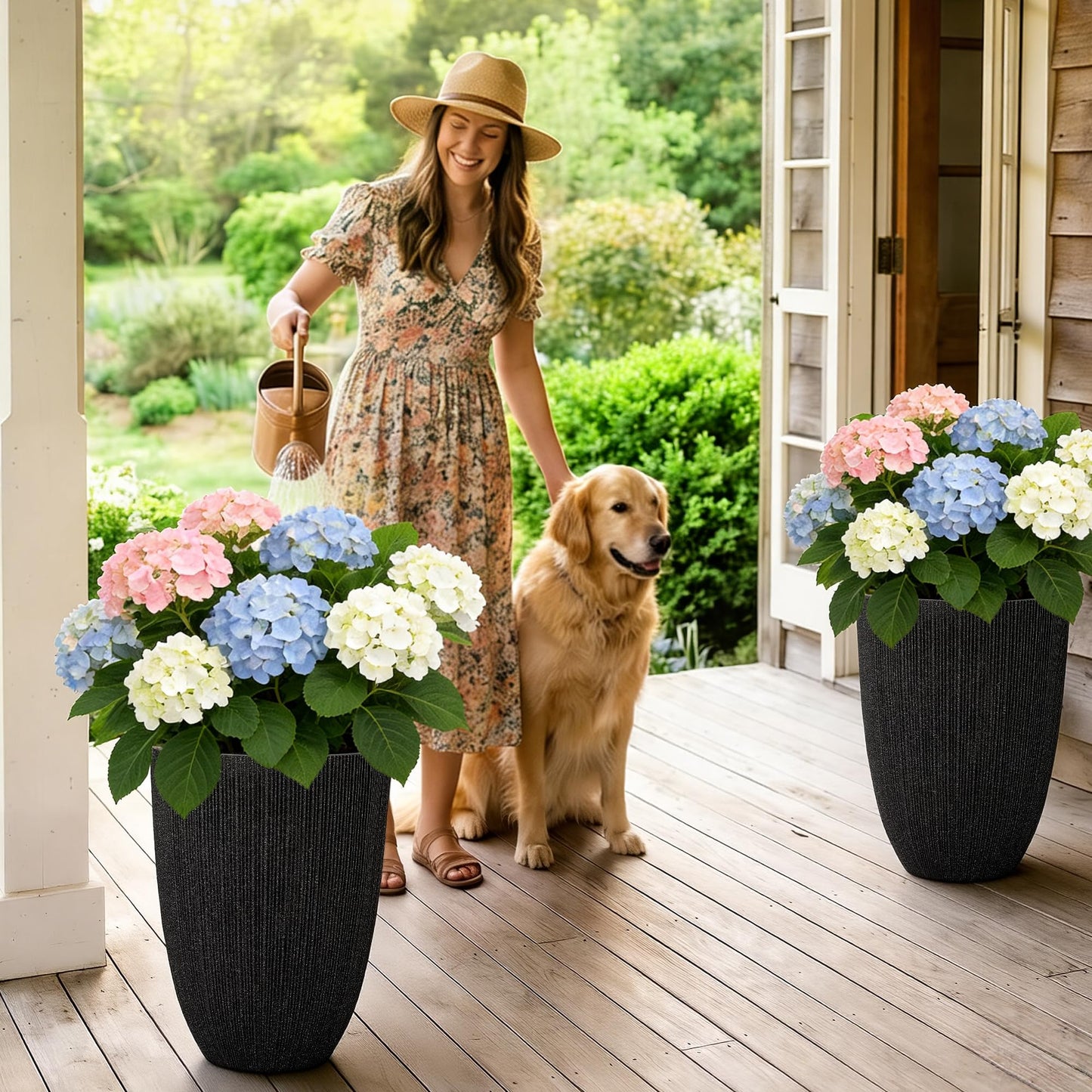 Ultym 2 Pack 19" Tall Black Fluted Concrete-Look Resin Planters, Large Round UV-Resistant Flower Pots for Indoor Outdoor Plants, Decorative Ribbed Planters for Garden Patio Porch Home Office