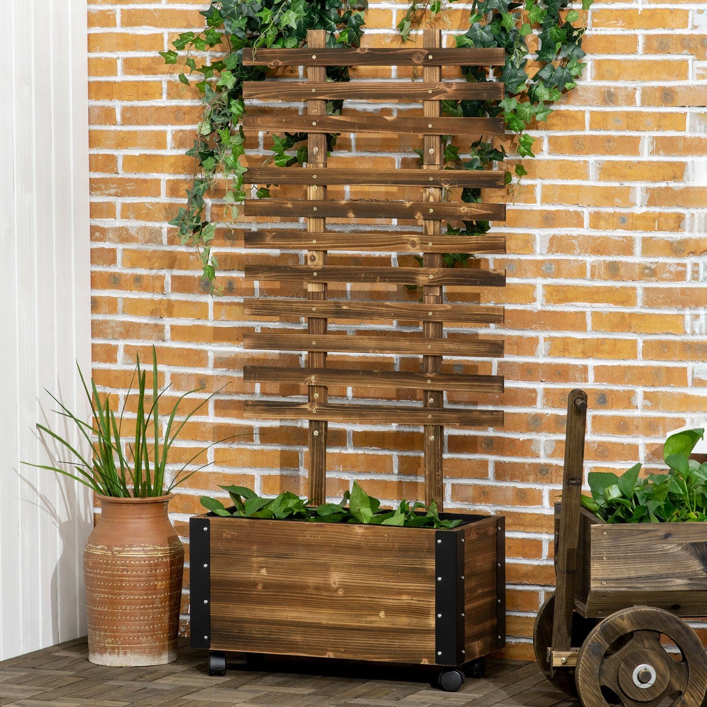Raised Garden Bed with Trellis, 58" Outdoor Wooden Planter Box with Wheels, for Vine Plants Flowers Climbing and Planting, Brown