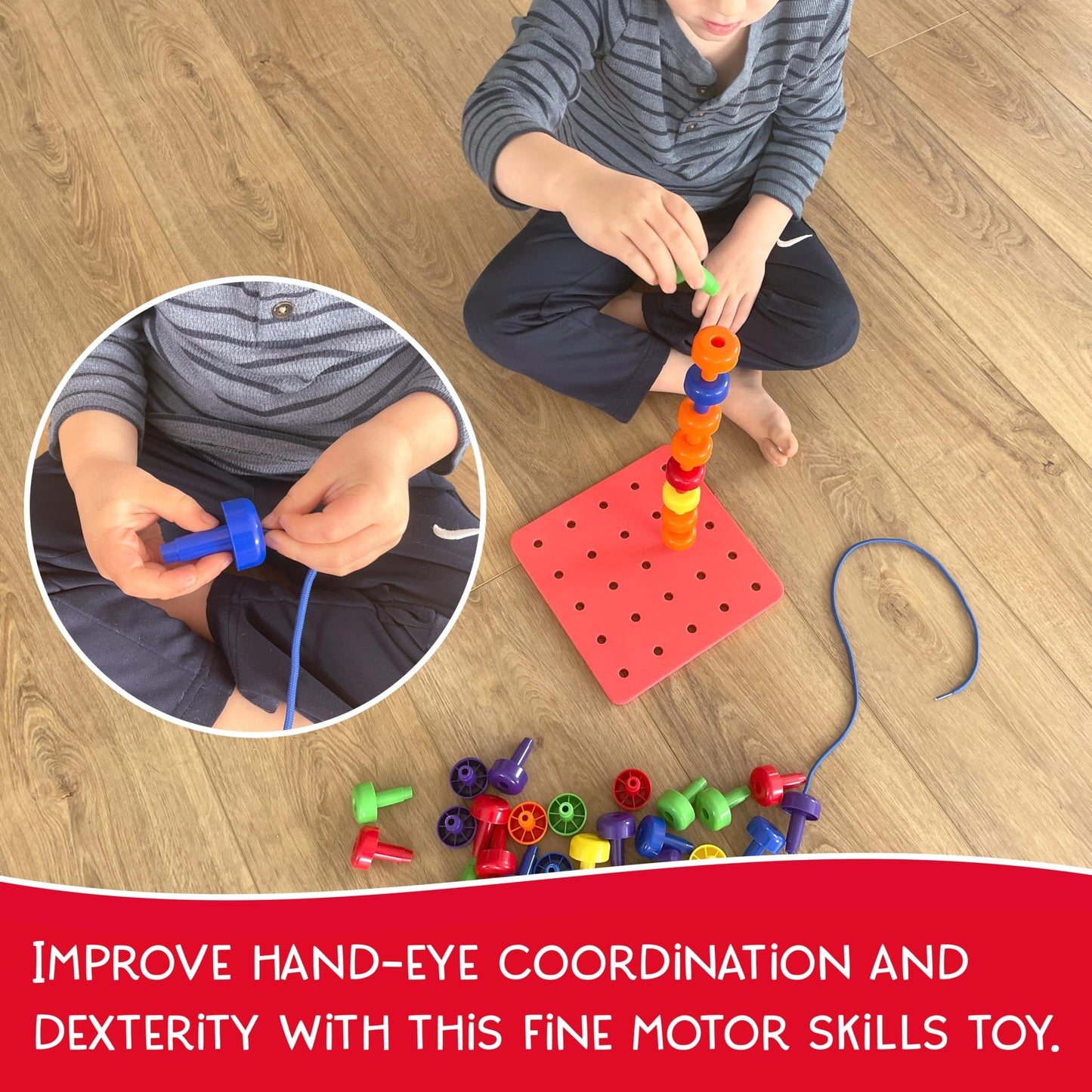LMC Products Foam Peg Board Toy - 36 Pegs, Foam Board, Lacing String, Storage Bag - Occupational Therapy Toys - Fine Motor Skills Toys for Toddlers and Kids (Red)