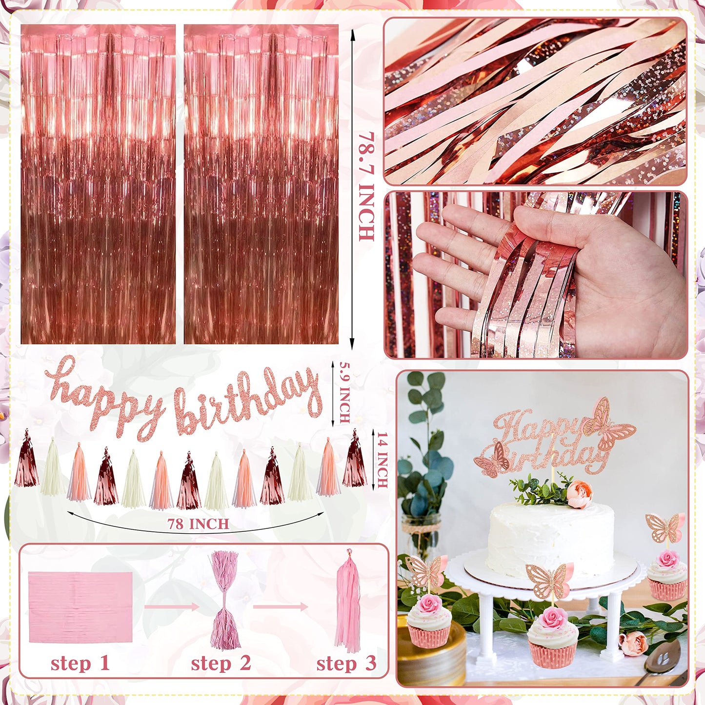 Rose Gold Birthday Party Decoration, 91 PCS Happy Birthday Pink Party Supplies for Girls Women (Banner Backdrop Tablecloth Fringe Curtains Balloons Garland Paper Tassels Garland Paper Pompoms)