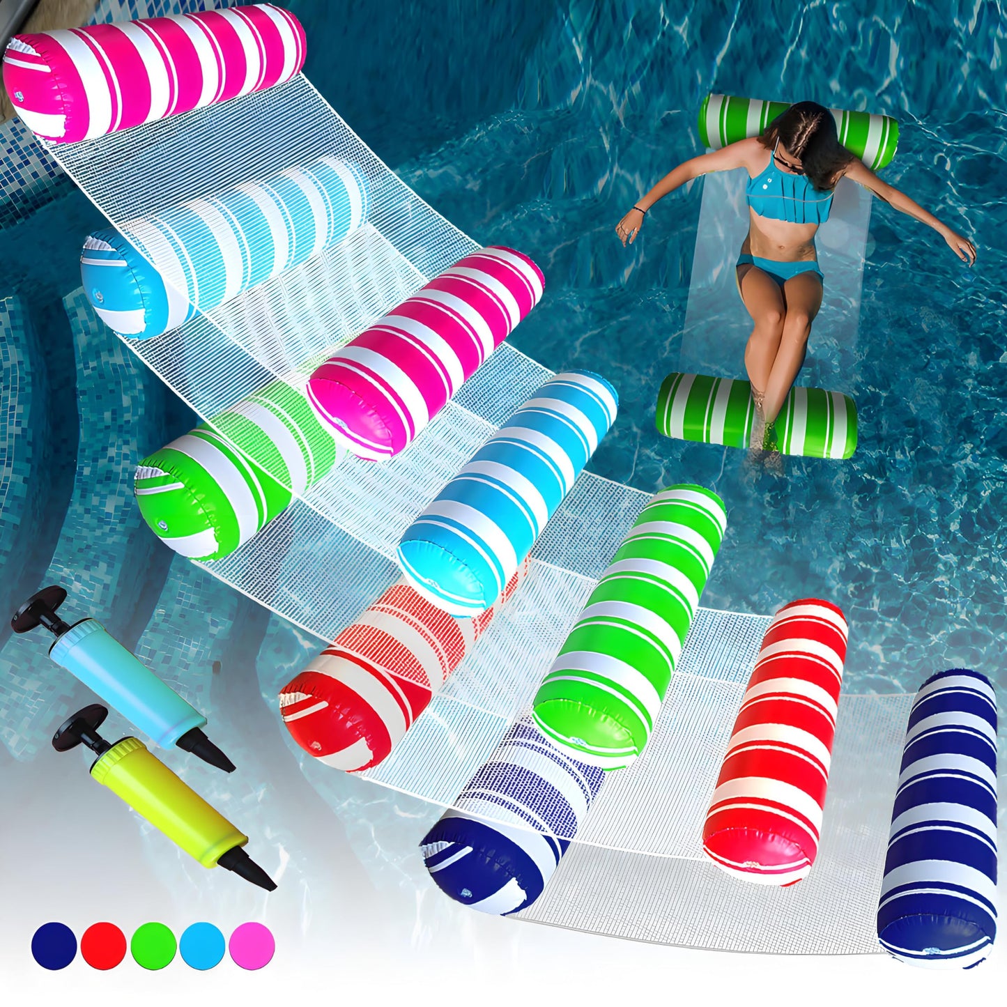 5 Pack Inflatable Pool Floats Adult Size Water Hammock,Hammock Floats for Adults,4-in-1 Multi-Purpose Pool Floating Toys,Pool Rafts Lounge Chairs Floaties,for Adults Vacation Fun and Rest