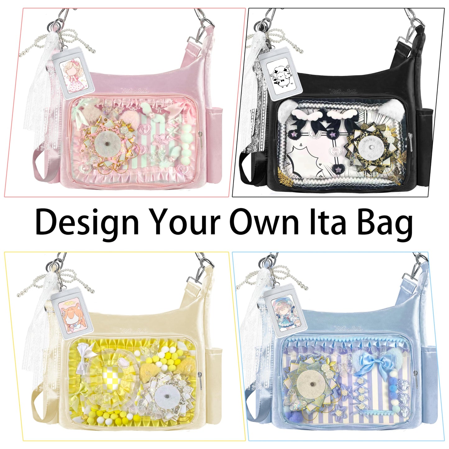 85 Pcs DIY Ita Bag Accessories with Insert Panels,Ribbons,Ita Bag Decor with Bows, Wings, Hearts, Stars, Pom-Pom, Making Supplies for Handicraft Enthusiast, Celebrity Fan, Anime Fan (Black)