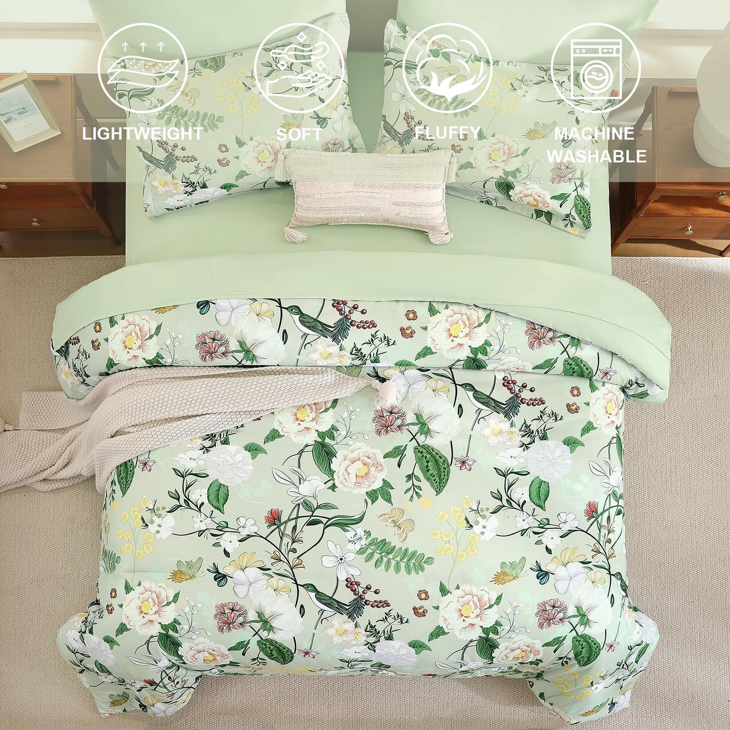 Anibedding 7Pieces Floral King Size Comforter Set, Green Garden Plant Style Bed in a Bag Flower Bedding with Pillow Case for Bedroom