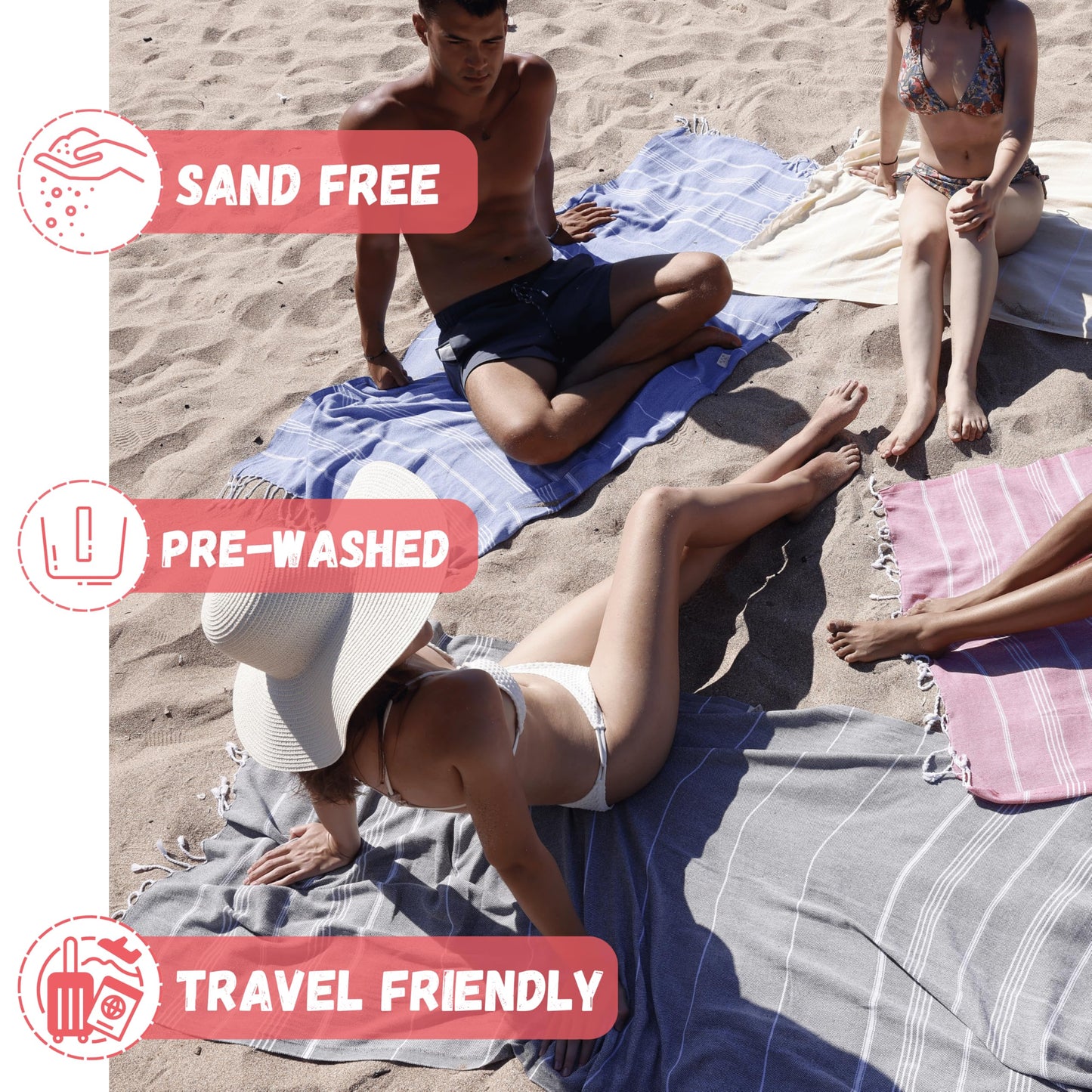 Turkish Cotton Beach Towel with Design Bag and Sand Clips - (70 x 35 inch) Oversized Travel Blanket for Women, Quick Dry Sand Proof Lightweight Compact, Ideal for Beach and Outdoor Use