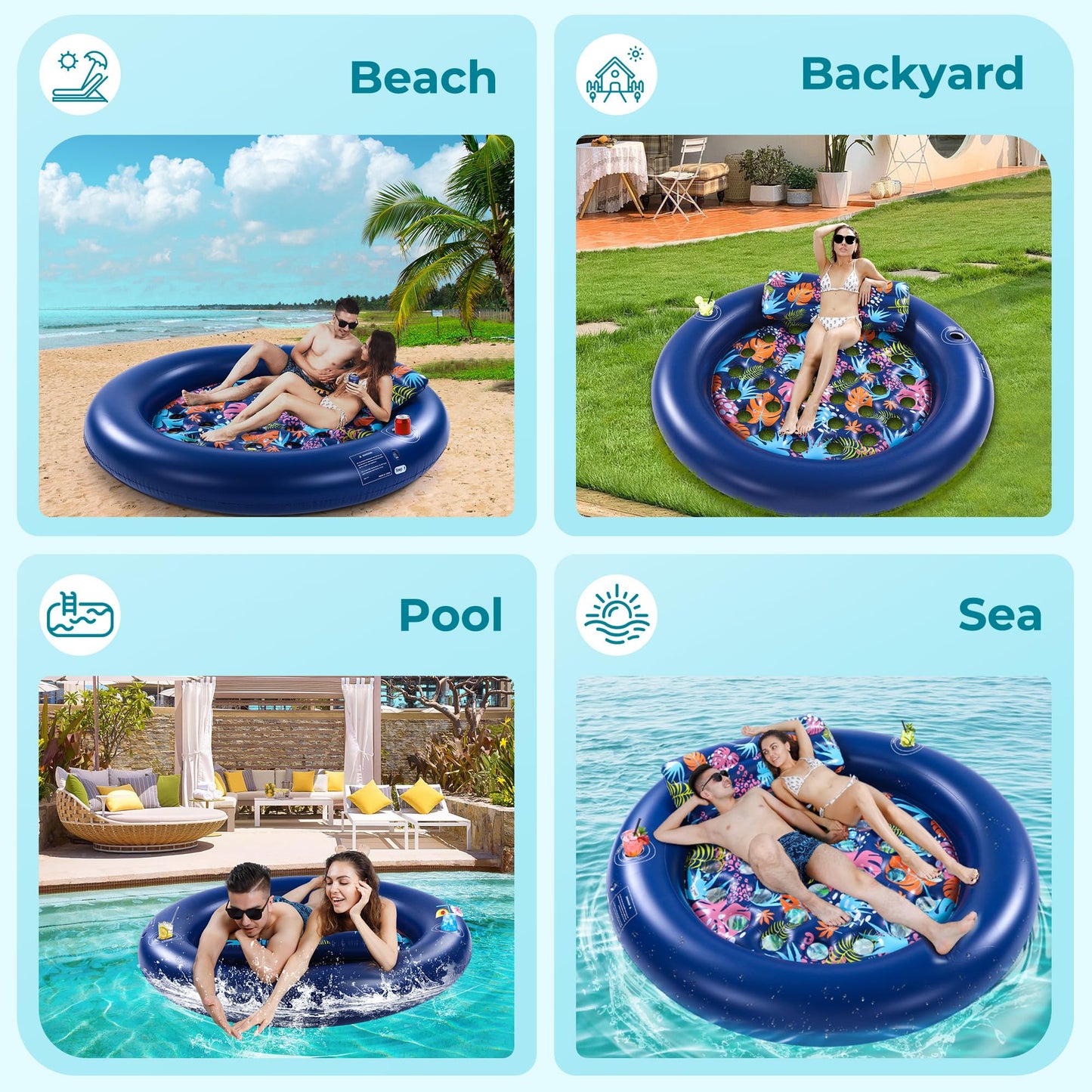 2-Person Pool Floats Adult Heavy Duty, Giant 75"X75" Inflatable Tanning Pool Mats with Cup Holders, Detachable Headrest, Multi-Purpose Water Lounger for Pool Party, Lake, Beach, River, Outdoor