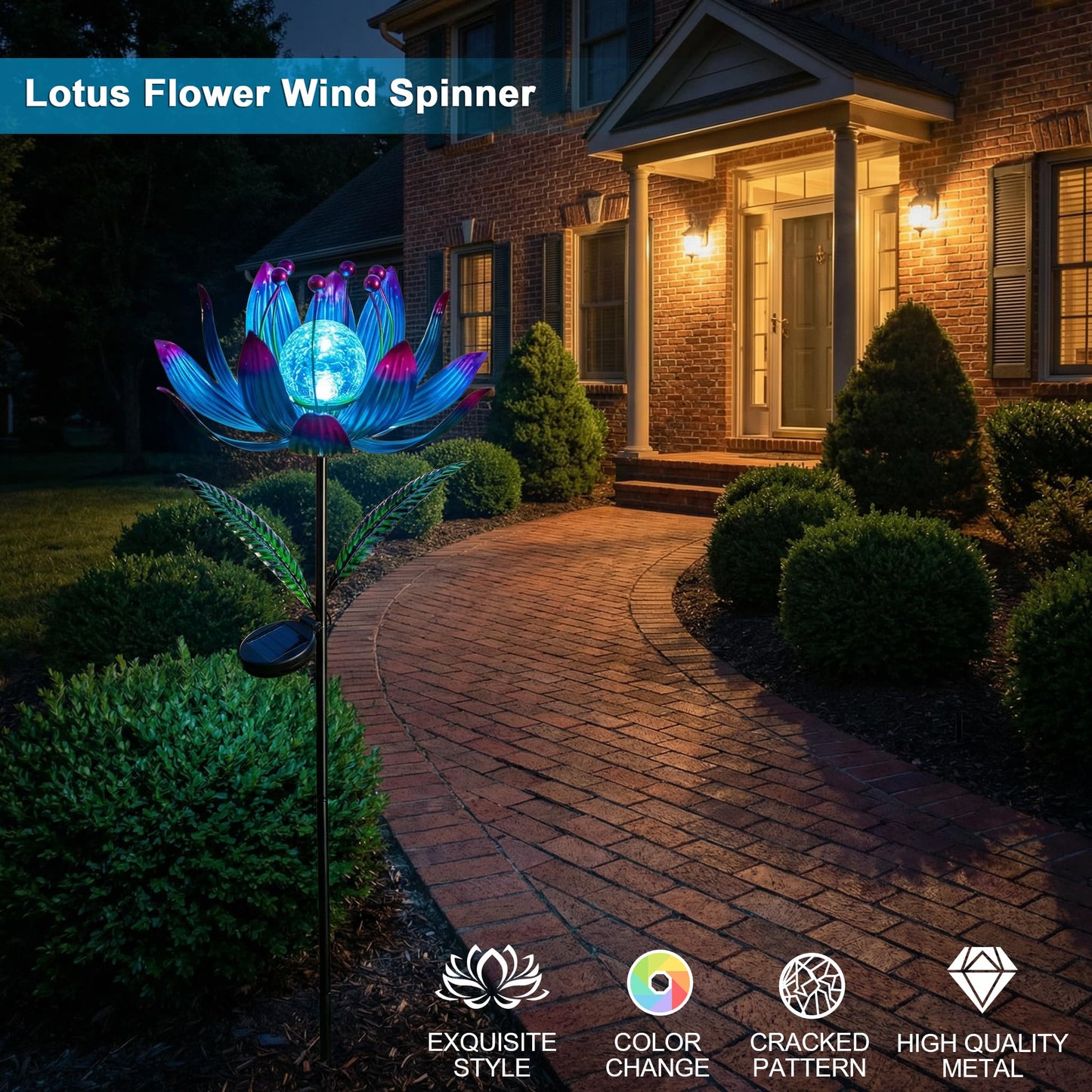 Solar Wind Spinner Outdoor Metal - Kinetic Lotus Flower Garden Sculptures & Spinners with Crackle Glass Lighting, 360° Spinning Yard Art Decor for Patio, Lawn, Pathway, Gifts for Women