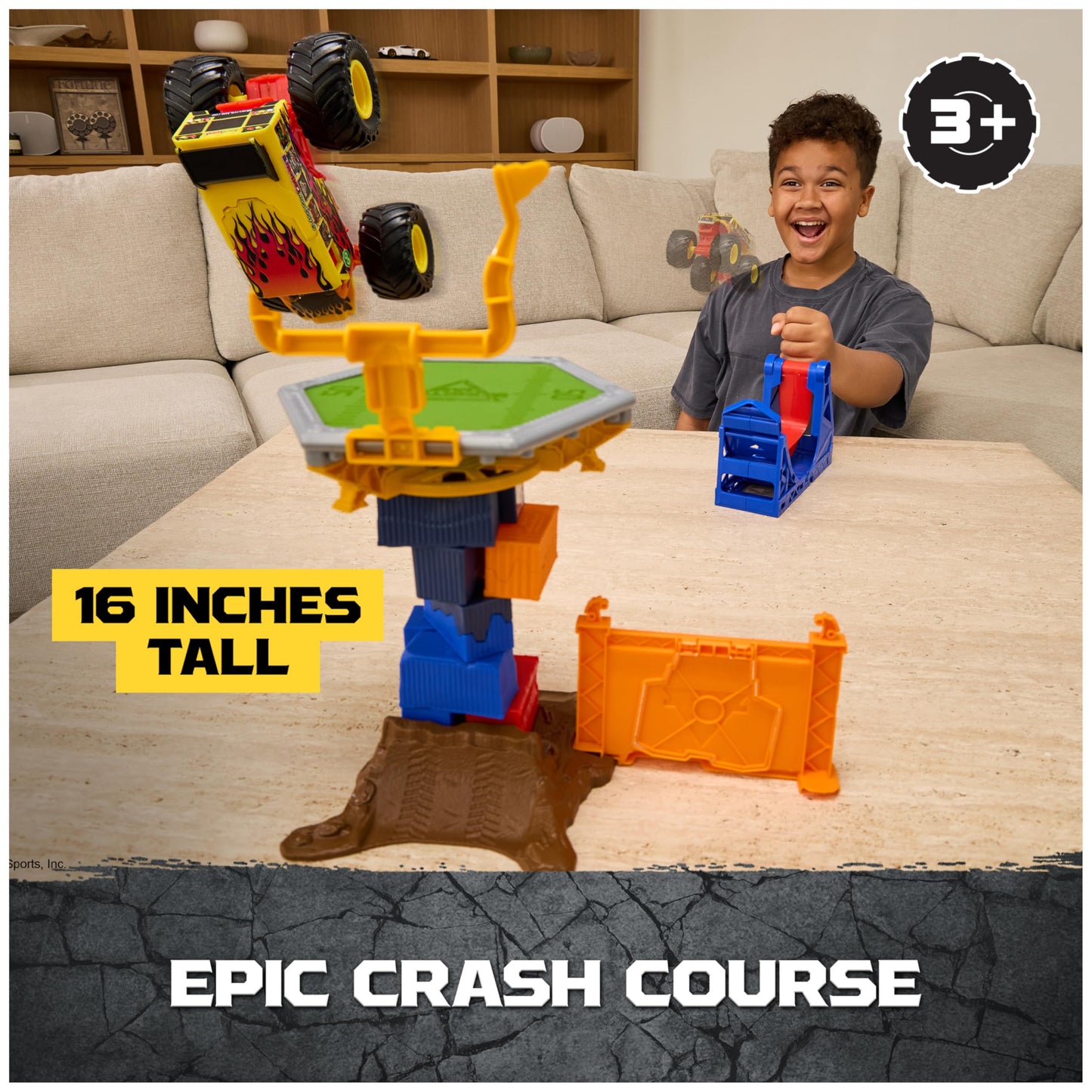 Monster Jam Smash & Bash Crash Course Playset with Launcher, Exclusive 1:64 Scale Monster Truck, 16-inch Obstacle Tower with Trampoline, Kids Toys for Boy and Girls Ages 3 and up