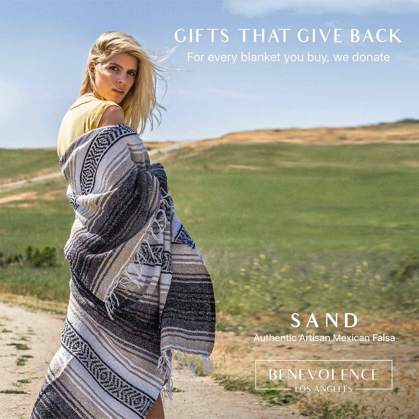 Benevolence LA Authentic Handwoven Mexican Blanket | Yoga Blankets, Outdoor, Picnic, Beach, Camping | Equestrian Saddle | Serape 50x70 inches - Sand, Pack of 1