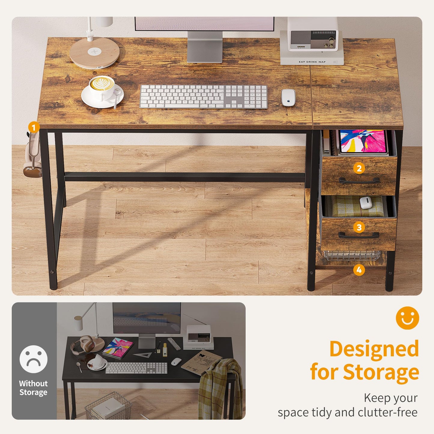 CubiCubi Computer Desk with 2 Drawers, 47 Inch Small Home Office Desk with Storage Study Writing Table, Light Brown