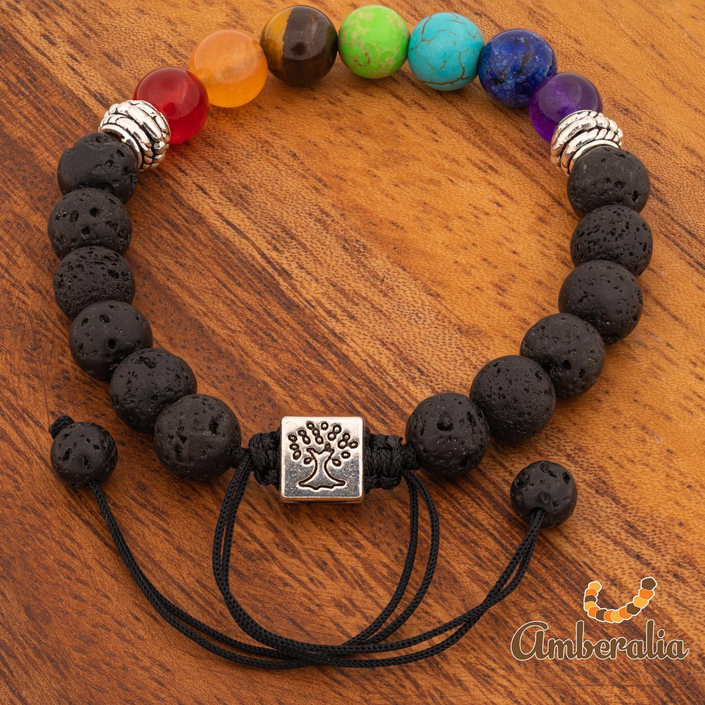 Amberalia Chakra Bracelet, Adjustable, Lava Stone Beads, Tree of Life Charm, Silver