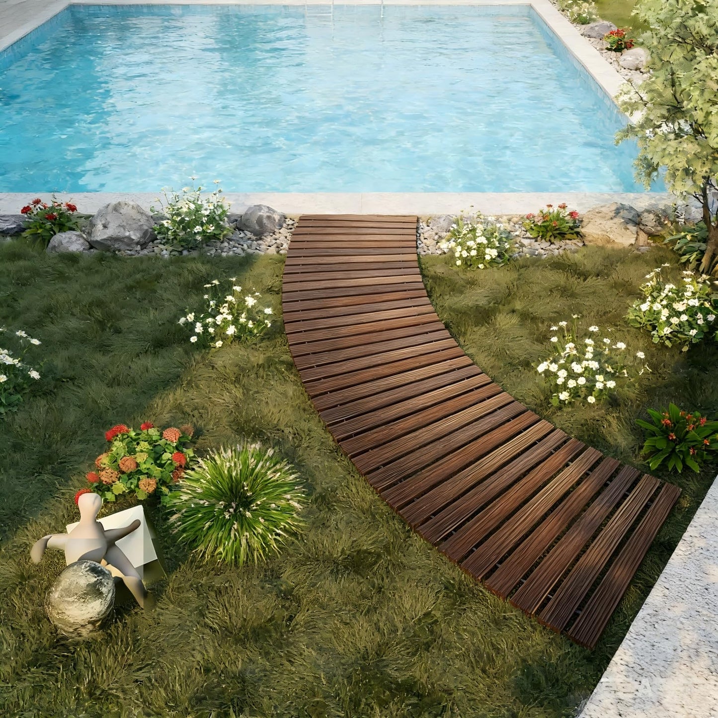 6FT Curved Wooden Garden Pathway Walkway Outdoor Roll Out Decorative Garden Non-Slip Patio Path Decorative Boardwalk Outdoor Road Floor for Backyard Beach Wedding Party