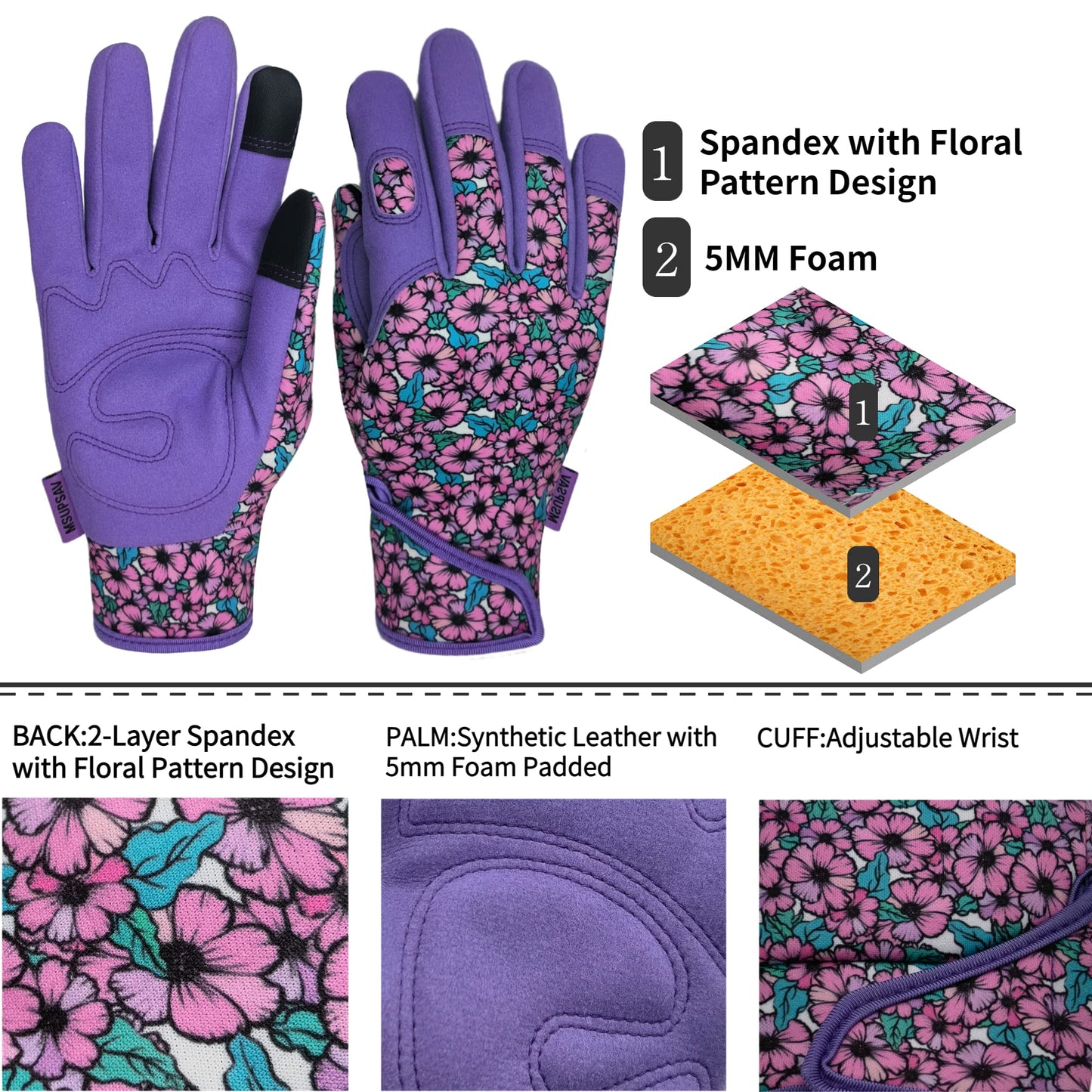 MSUPSAV Gardening Gloves for Gardening,Synthetic Leather Garden Gloves,Work Gloves with Touch Screen,Gardening Gifts for Women,Purple, Medium