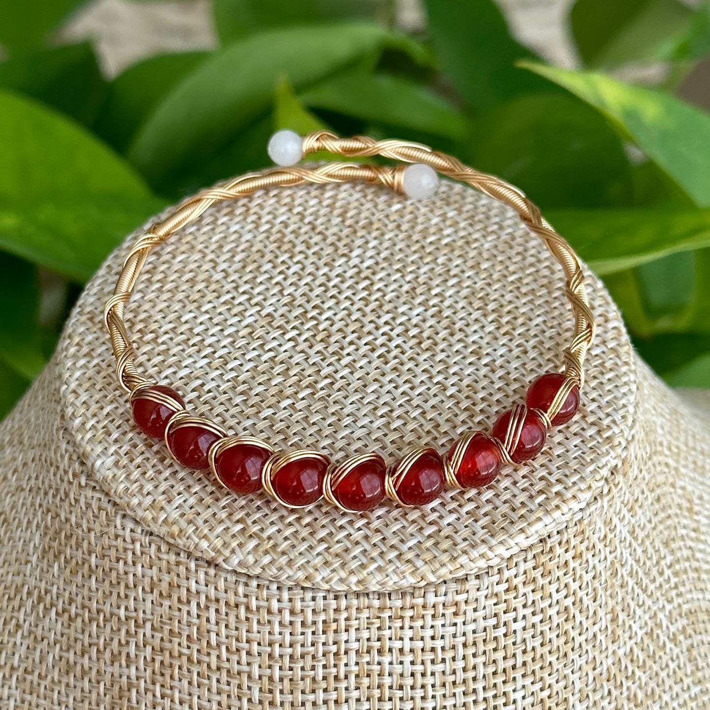 PSEEHEE Handmade Genuine Red Agate 14k Gold Filled Wire Wrapped Bracelet, Birthstone Chakra Healing Grounding Gemstone Crystal Beads Adjustable Bangle Cuff Jewelry Gift for Women