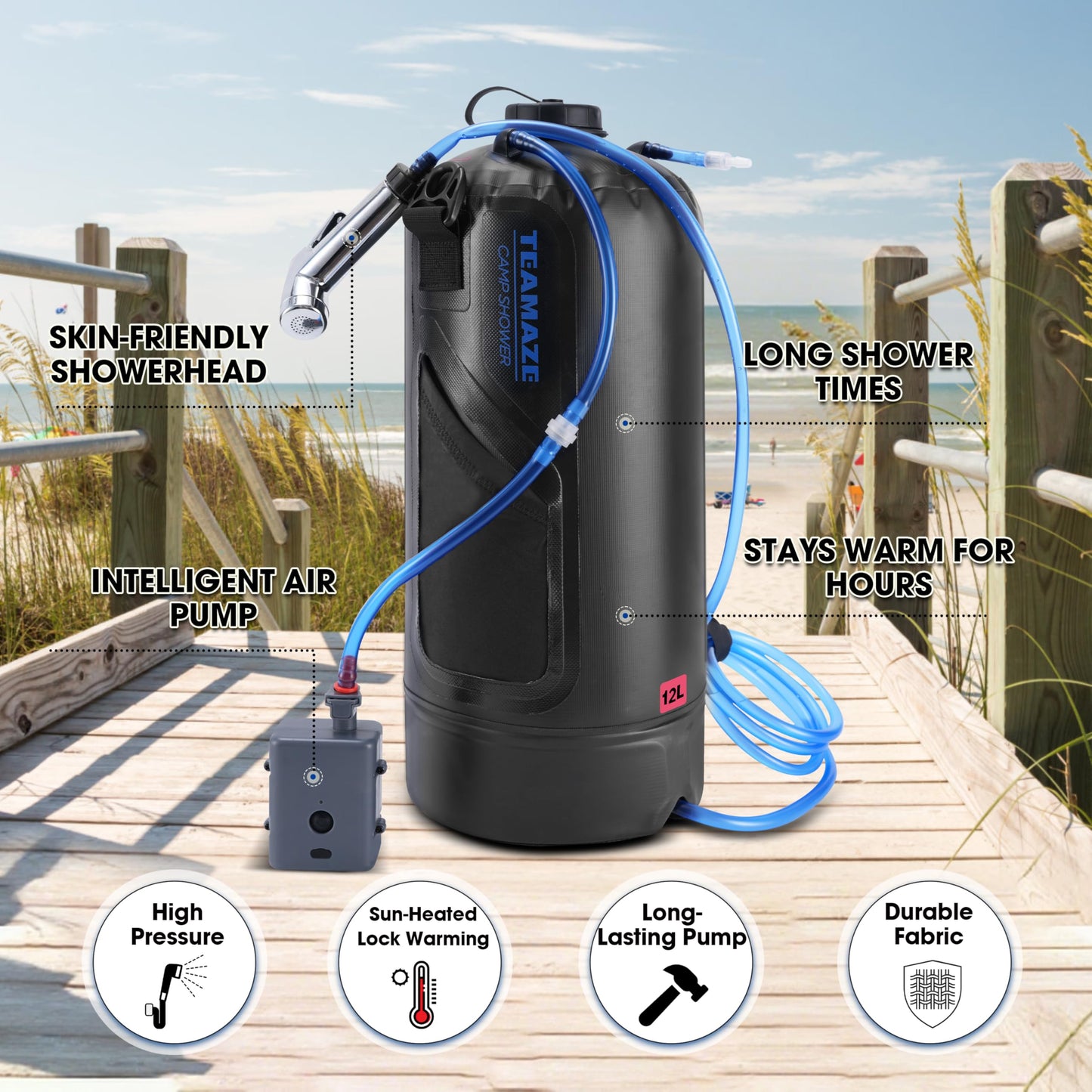 Teamaze Portable Shower,12L/3.2 Gal Solar Camping Shower Bag with Auto Pressure Pump,Portable Outdoor Shower for Camping,Beach,Hiking,RV,Pet Bath