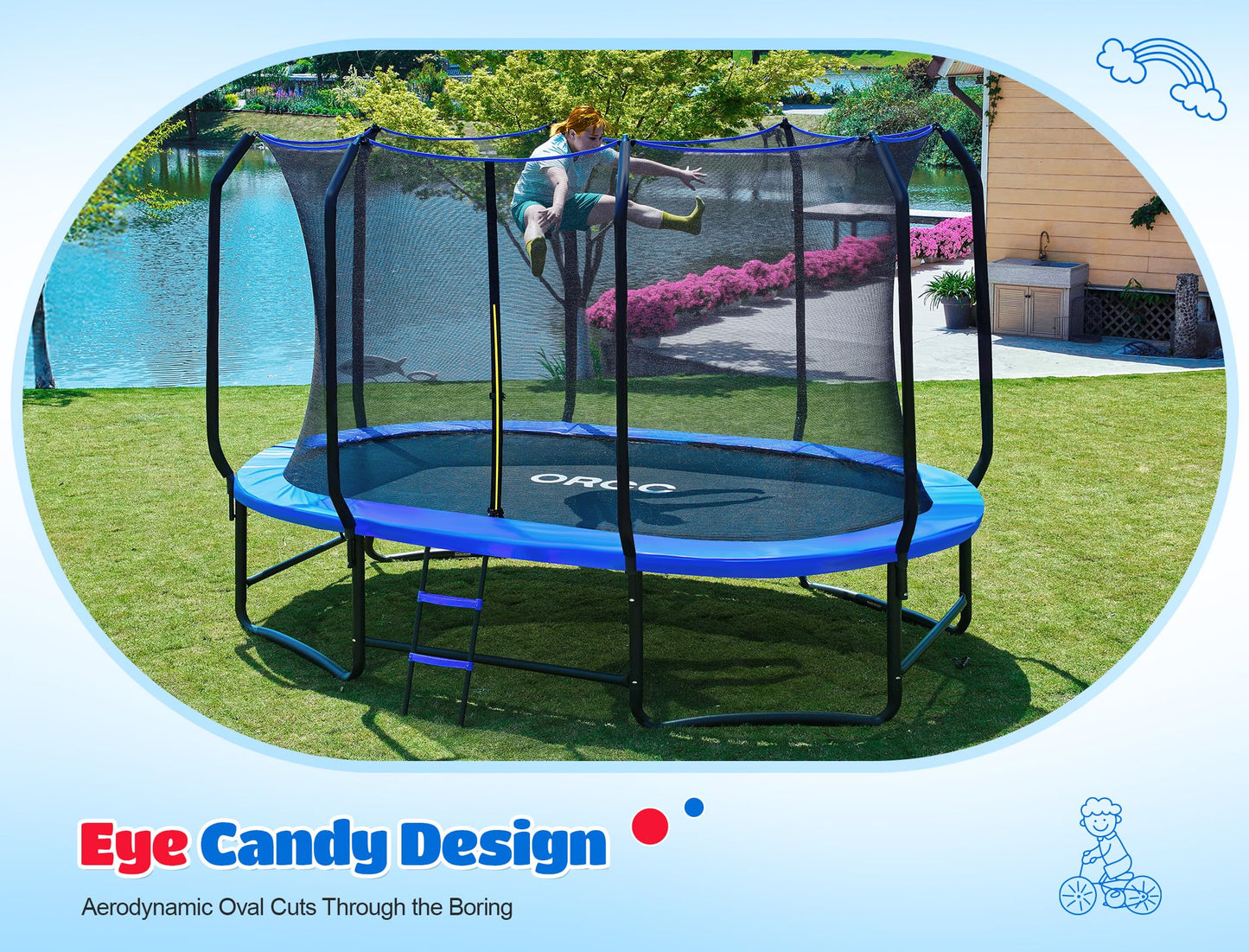 ORCC 7x10 FT Oval Outdoor Trampoline with Safety Net - Recreational Gymnastics Trampoline for Kids, 1200LBS Capacity, Heavy-Duty Galvanized Steel Frame Yard Trampolines