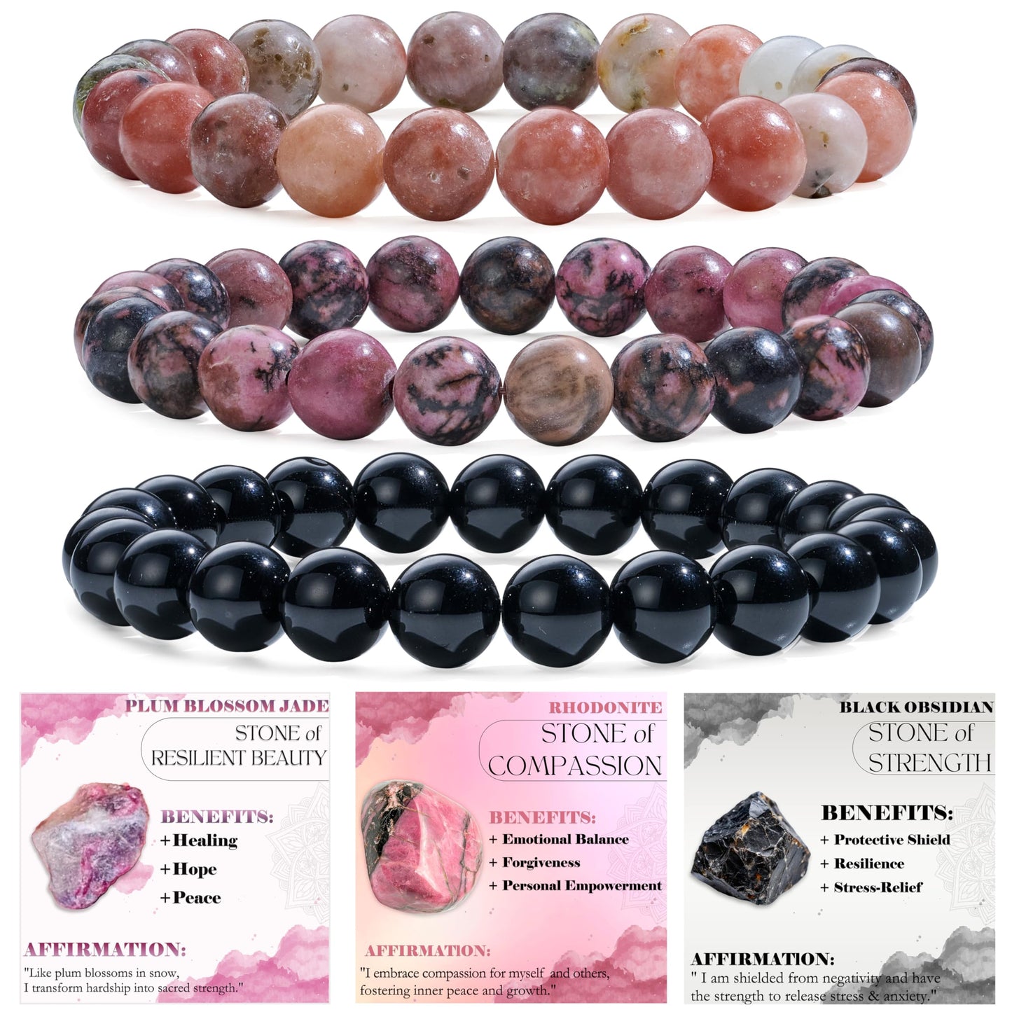 Bivei 3-Piece 8mm Beaded Bracelets for Women – Plum Blossom Jade, Rhodonite, Black Obsidian – Handmade Natural Crystal Stretch Elastic Jewelry for Meditation, Yoga, Protection Gifts