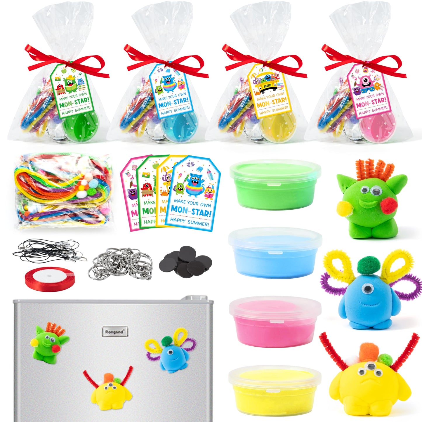 Haooryx End of Year Air Dry Clay Craft Kit - 16 Packs Cute Monster DIY Magnet Keychain Ornament Art Craft Bulk with Gift Bag for Classroom Exchange Gift Student Reward End of School Year Party Favors
