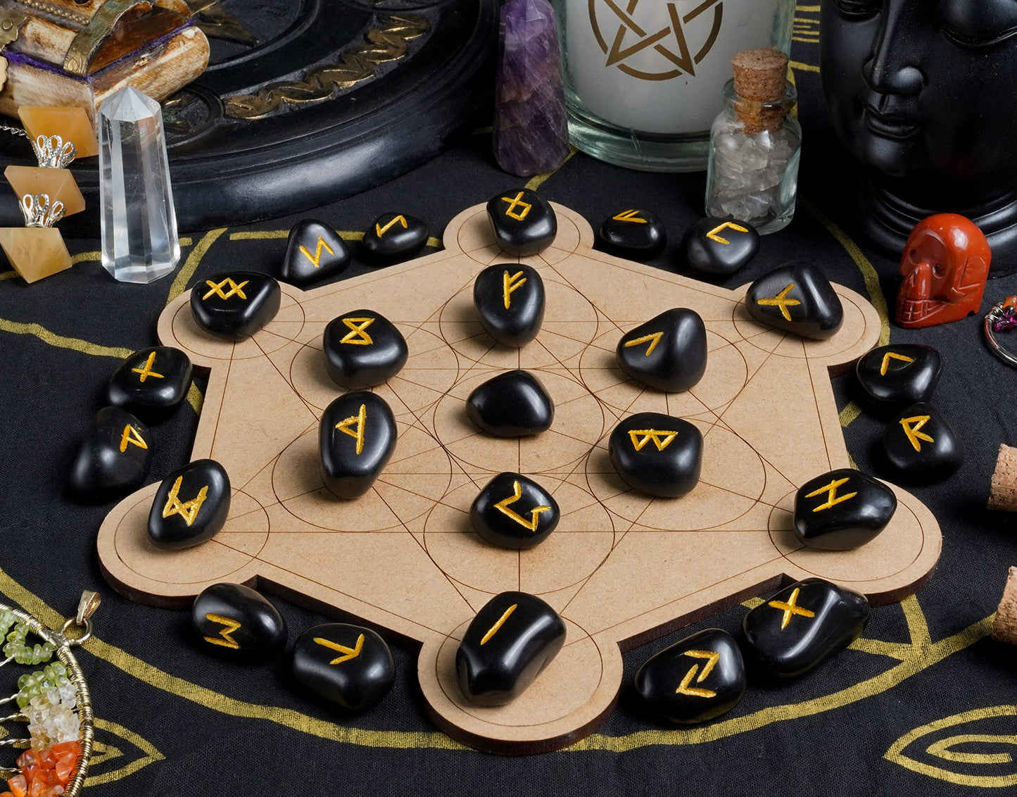Crocon Fathers day gift Black Tourmaline Tumble Shape Gemstone Runes Stones with Elder Futhark Alphabet Engraved 25 pcs Runes Set Crystal Divination Healing Chakra Reiki with a Pouch Size : 15-20 mm