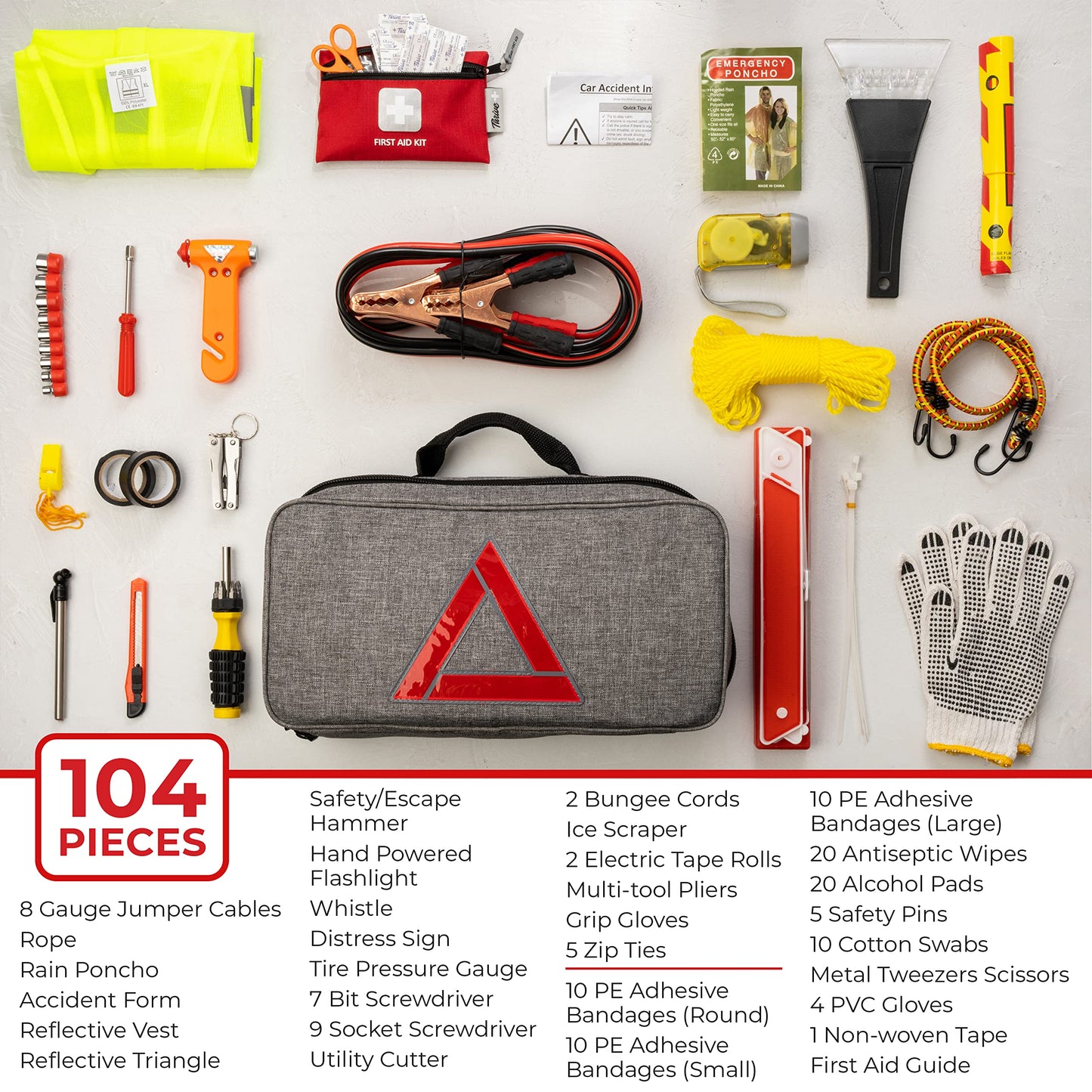 Thrive Emergency Car Kits for Vehicles - Roadside Emergency Car Kit (104 Pieces) - Car Kits for Emergency - Roadside Car Kit with Jumper Cables and Mini First Aid Kit - Gray Bag