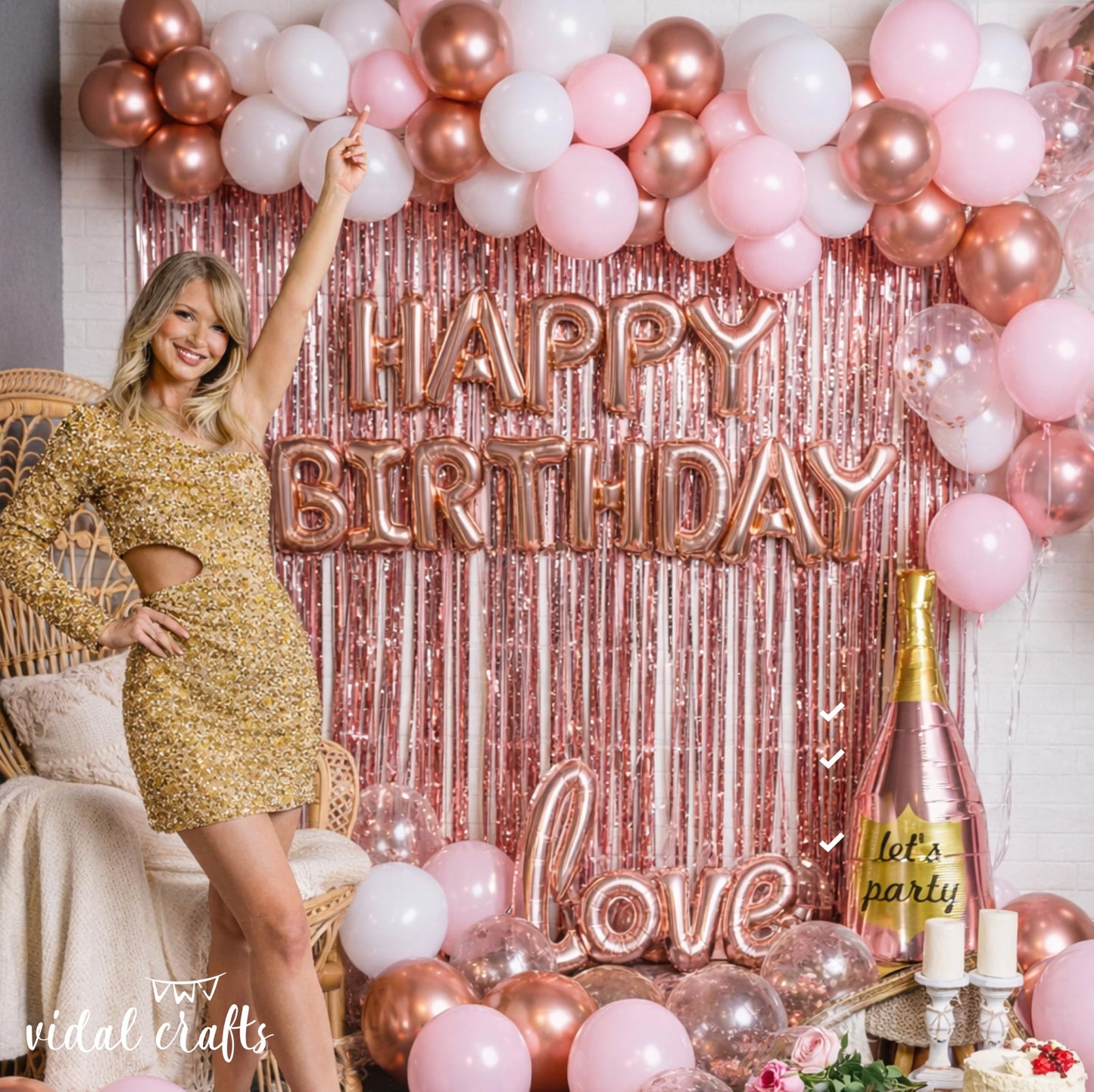 VIDAL CRAFTS 71-Piece Rose Gold Birthday Decorations for Women - Party Backdrop with Latex, Foil & Confetti Balloons, Happy Birthday Decorations Banner & Rose Gold Foil Fringe Curtains