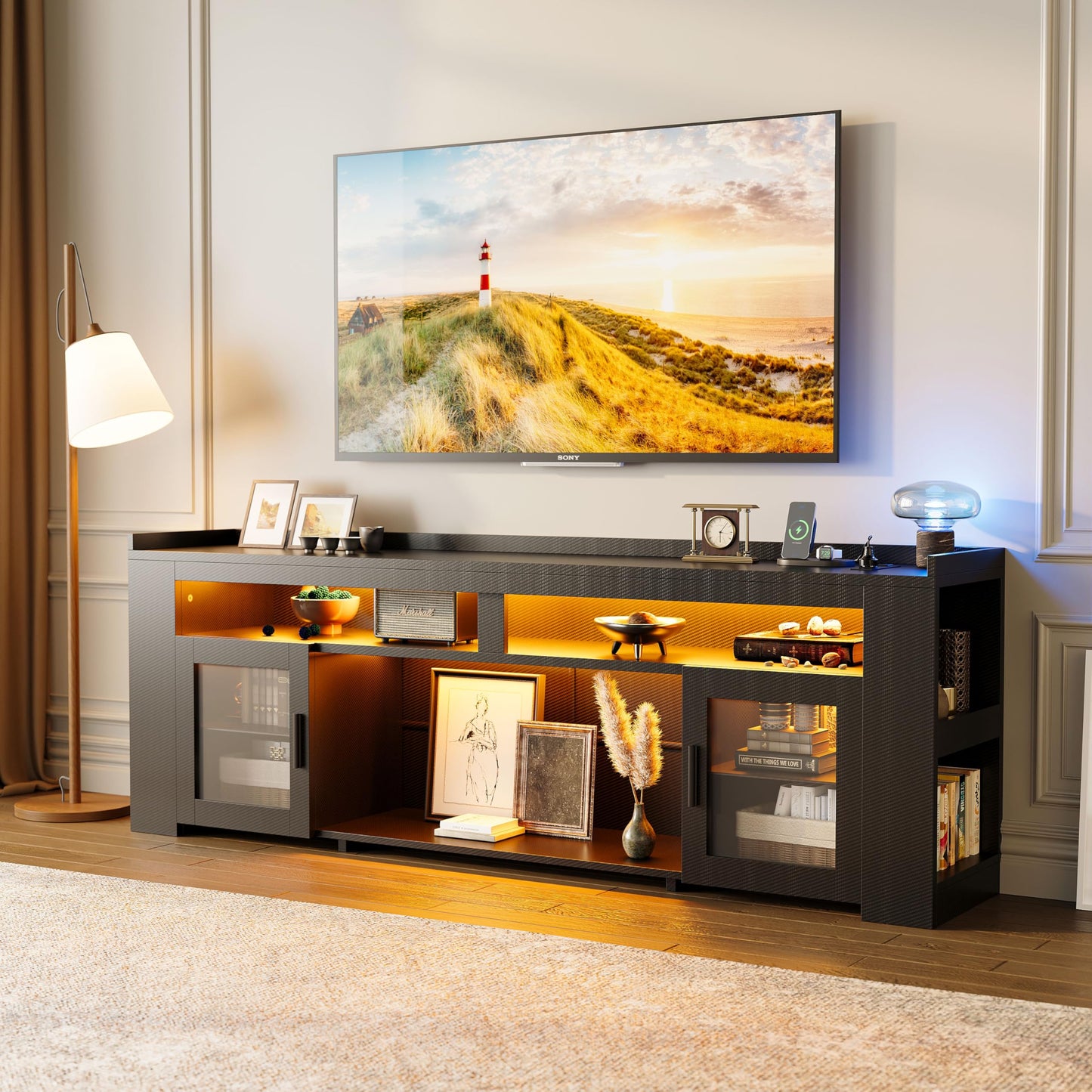 IRONCK TV Stand for TVs Up to 70" with Charging Station, LED Entertainment Center, Modern Carbon Fiber Media Console with Adjustable Glass Shelves & 2 Doors, Organize Your Gaming & Living Room, Black