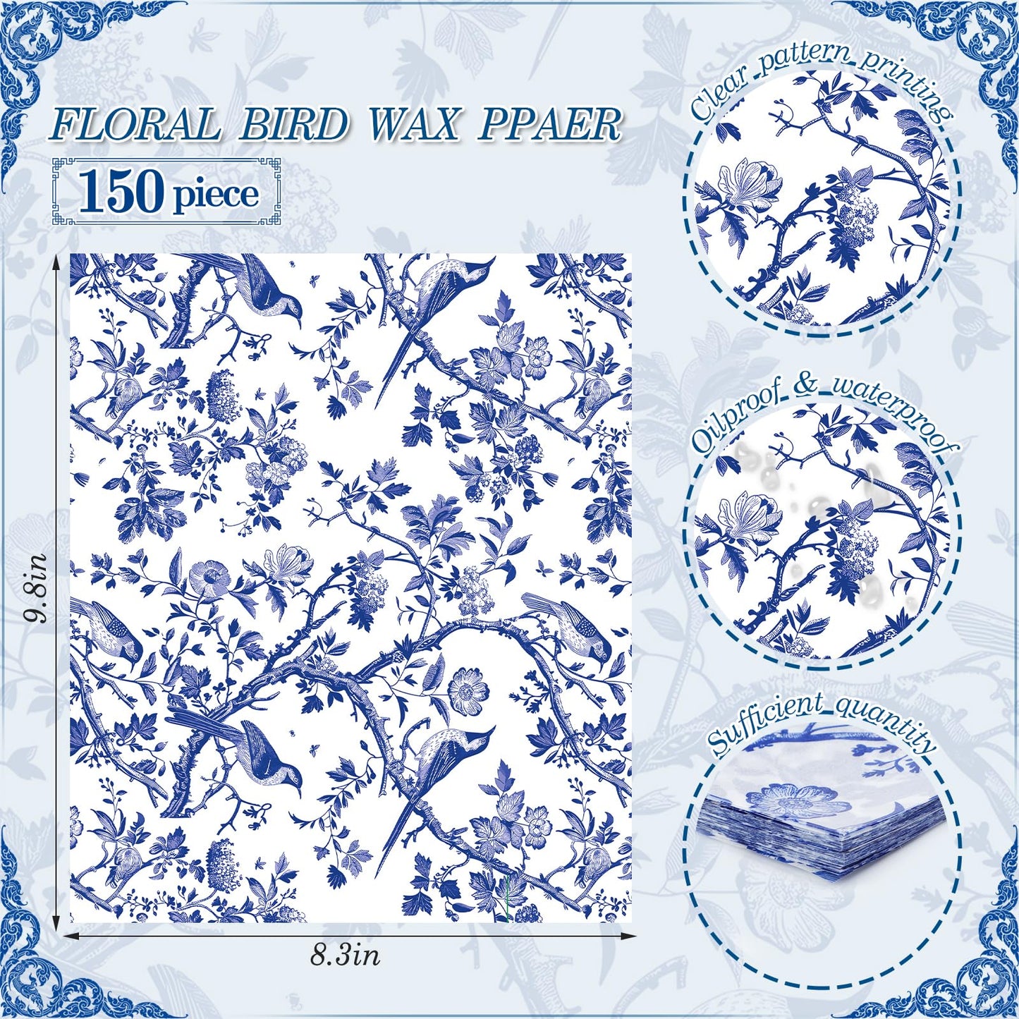 Bravopapier 150Pcs Blue Floral Bird Deli Paper, 9.8 x 8.3in Chinoiserie Floral Bird Grease Proof Food Wrap Paper Liners