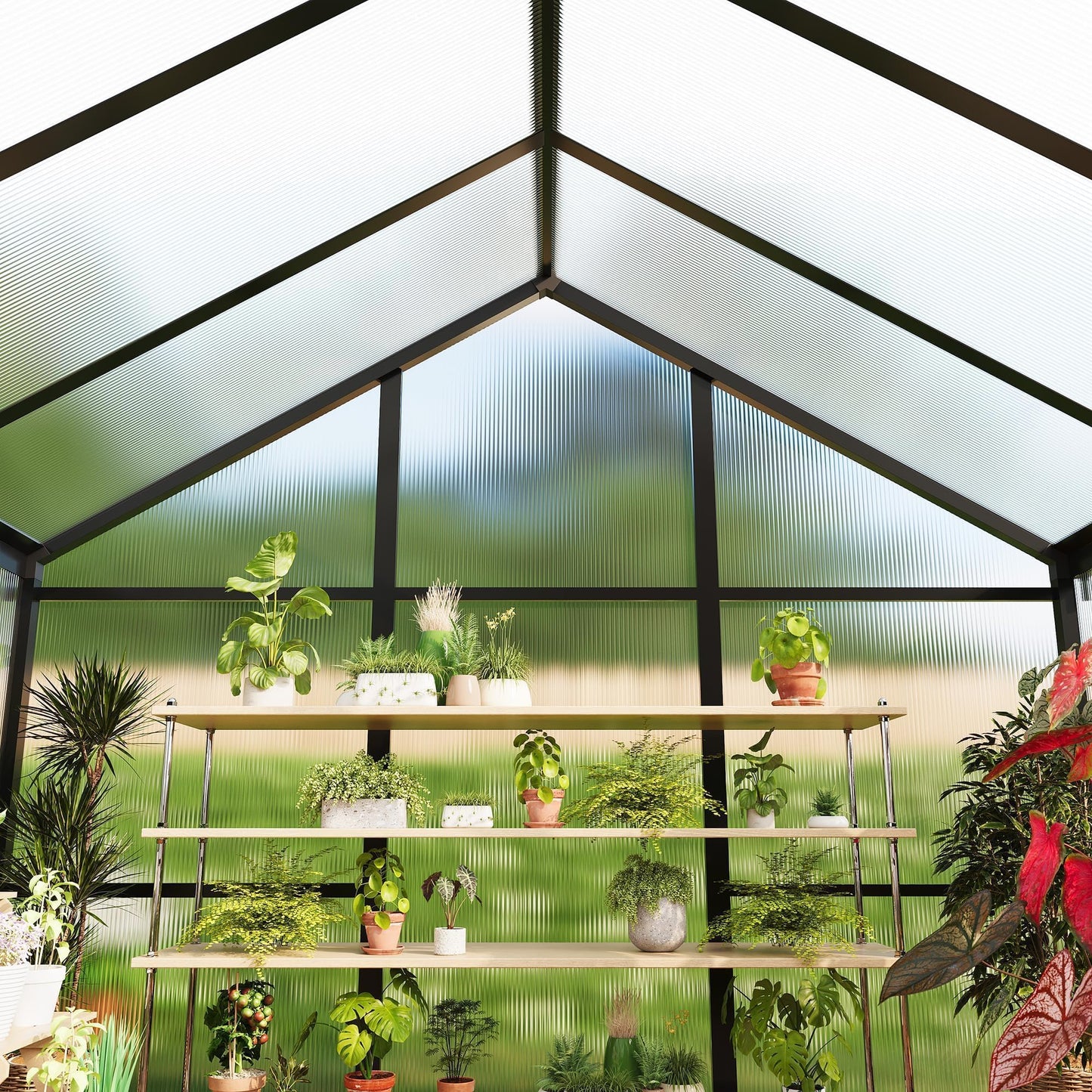 6x10 FT Greenhouse, Outdoor Sliding Door, Polycarbonate Greenhouse with Aluminum Frame, Lockable Door and Ajustable Roof Vent for Backyard, Outside Garden Backyard, Patio, Black