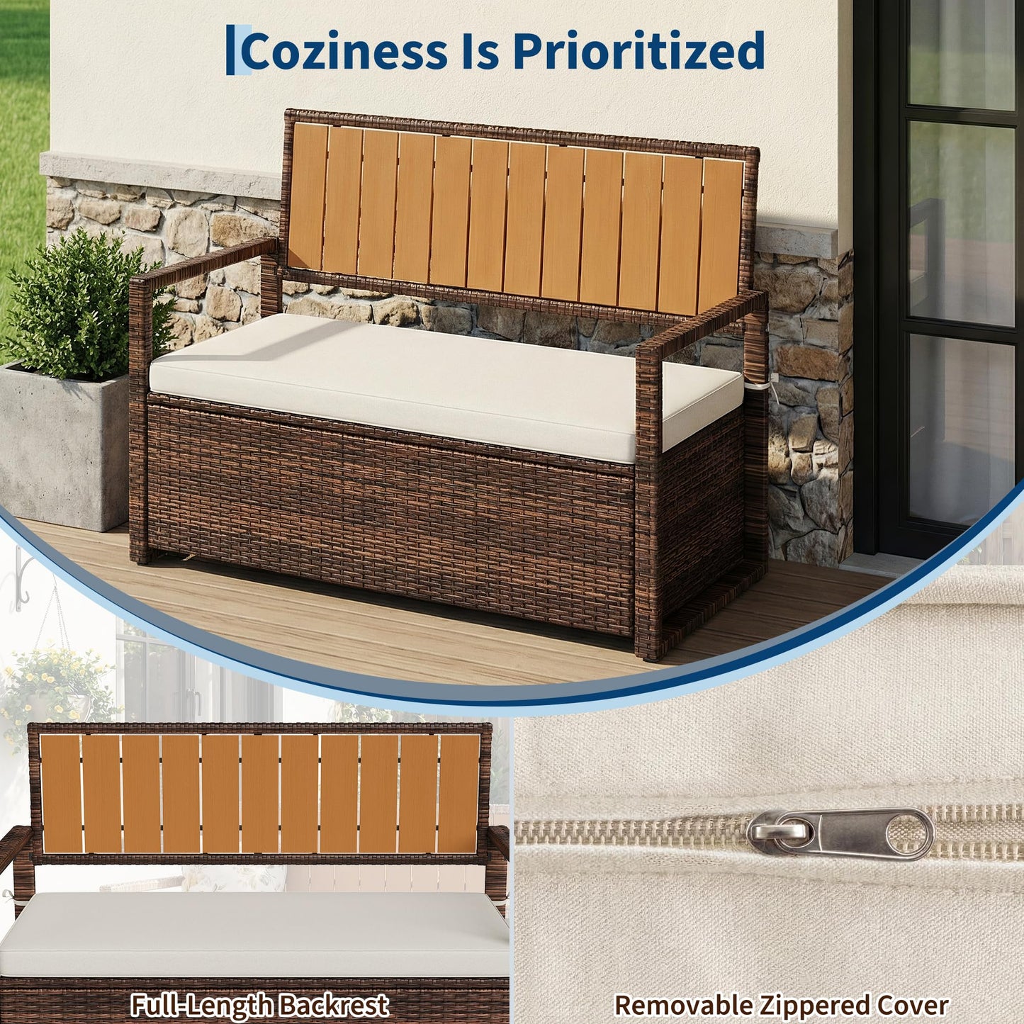 75 Gallon Outdoor Storage Bench, All-Weather PE Rattan Deck Box with Seat, Wicker Patio Furniture for Cushions, Garden Tools, Pool Accessories, Water-Resistant and Durable (Brown White)