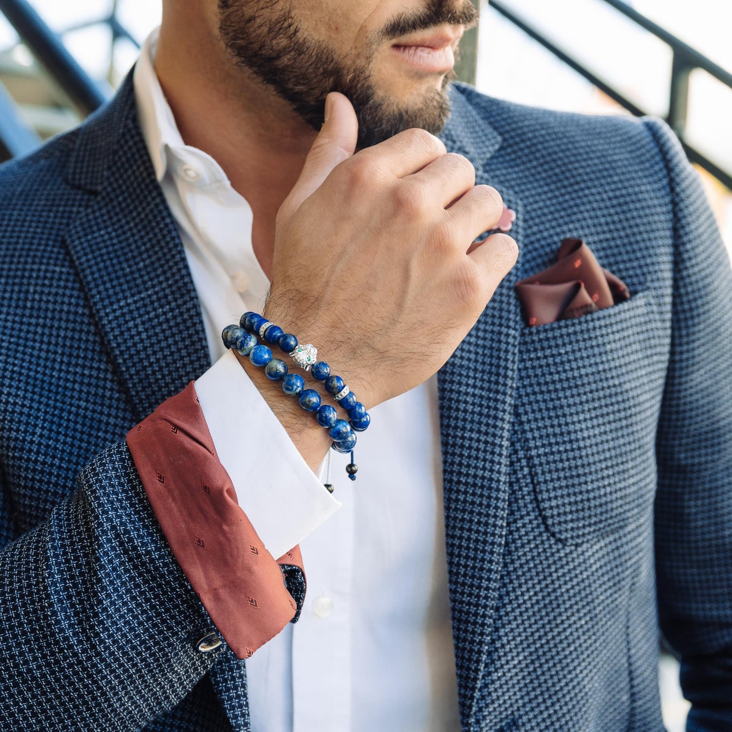 GT collection Men's Energy Bracelet with Gold Leopard Stainless Steel Bead, Adjustable Natural Gemstone Lapis Lazuli Bracelet for Men