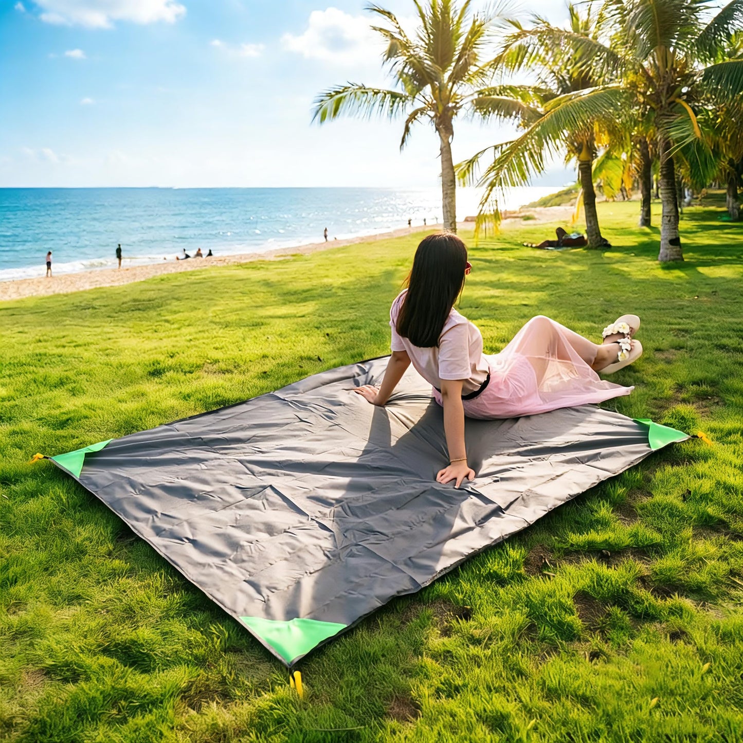 HZJOYUE Pocket Blanket 71"x55", Lightweight Compact Sandproof Waterproof Outdoor Blanket for Beach, Hiking, Camping, Travel, Festivals, Picnic with Pockets, Loops, Stakes, Carabiner