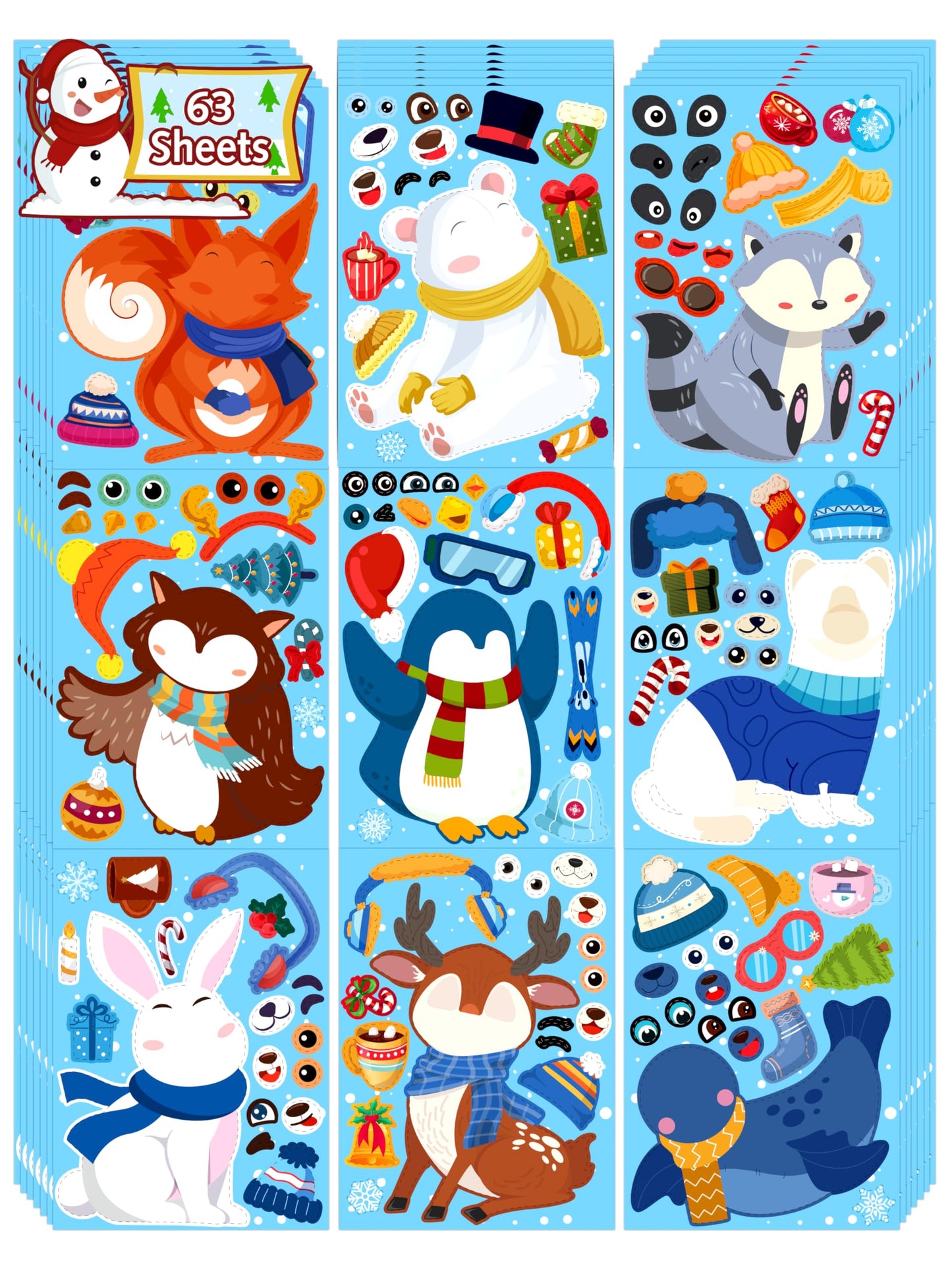 LINAYE 63 Sheets Winter Stickers for Kids Toddlers, Make A Face Winter Animals Crafts Stickers Party Favors Game Activities for Kids Classroom, 9 Designs, Christmas Goodie Treat Bag Stocking Stuffers