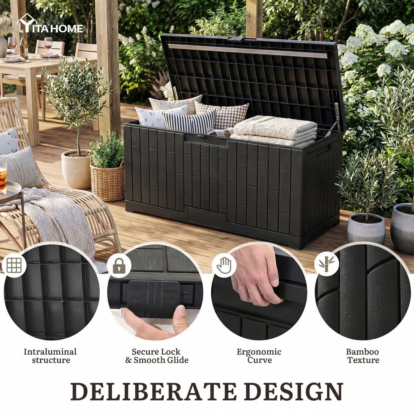 YITAHOME Large Deck Box 120 Gallon Resin Outdoor Storage Box with Slide-Locking Lid, Patio Storage Bin and Bench Seat for Outdoor Pillows, Garden Tools and Pool Supplies, Waterproof Lockable, Black