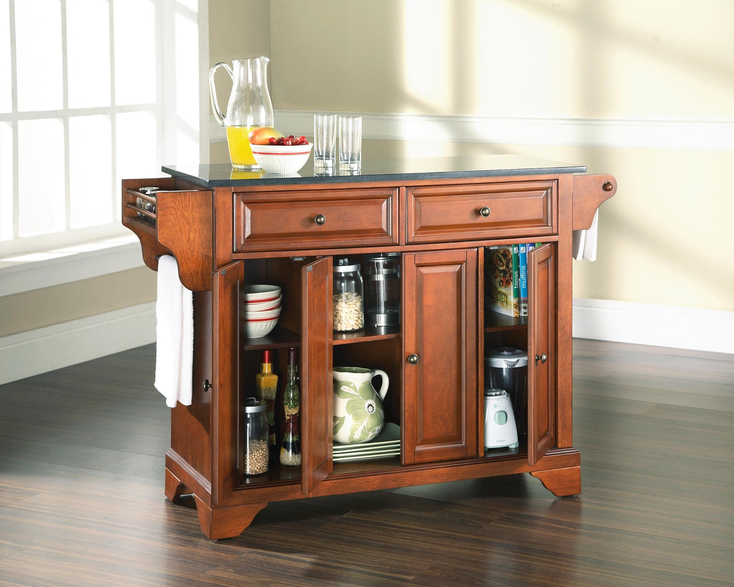 Crosley Furniture Lafayette Granite Top Rolling Kitchen Island Storage Cart, Microwave Stand, Spice Rack, Cherry