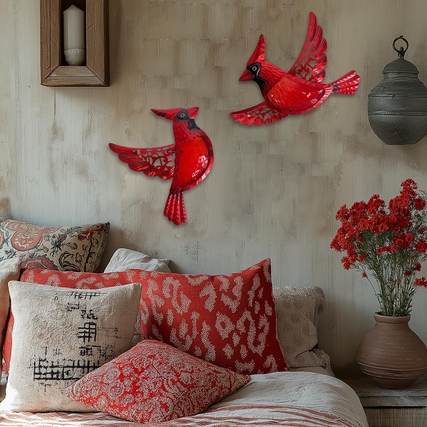 HONGLAND Metal Cardinal Wall Art 12inch Metal Birds Wall Sculpture Garden Decoration Outdoor Statue Patio Fence Hanging Plaques 2 Pack