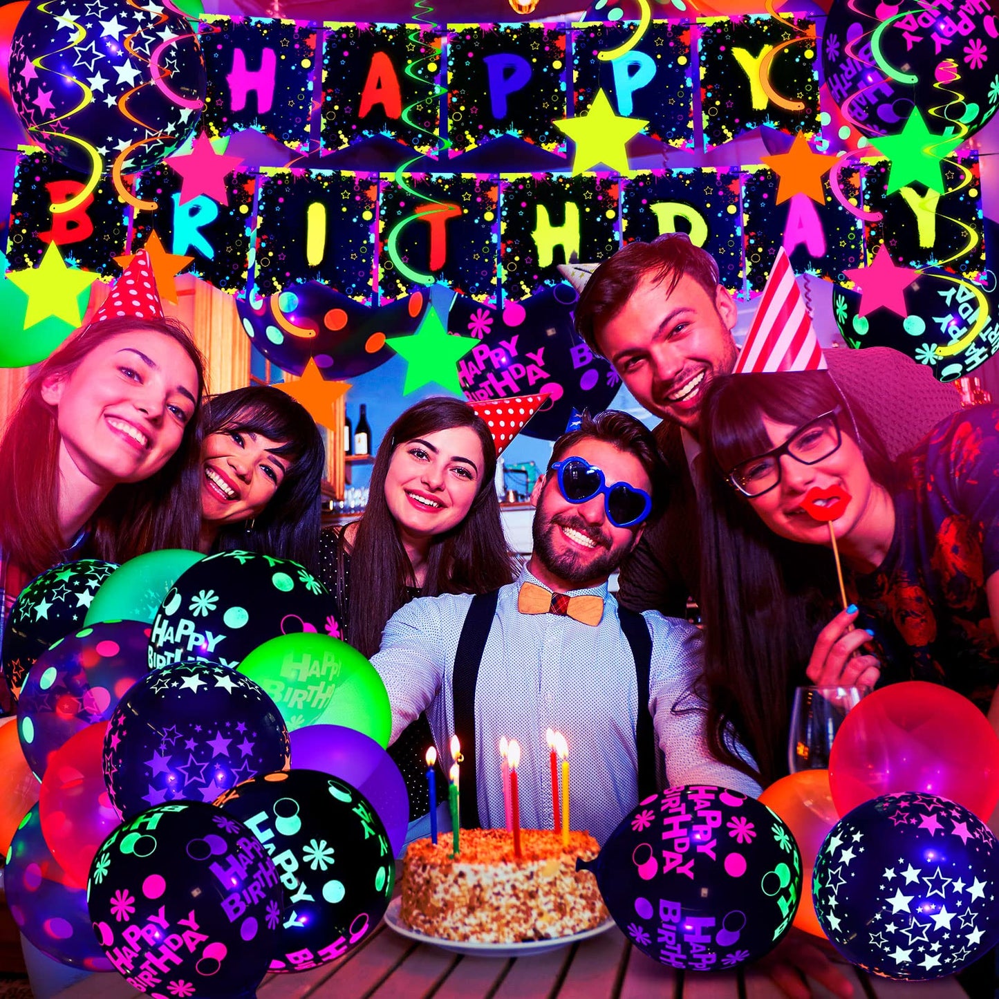Jetec 71 Pcs Neon Birthday Party Supplies Decorations Include Clear Glow in The Dark Balloons, UV Neon Balloons, Star Hanging Swirls, Rave Theme Birthday Decor Banner Accessories Supplies