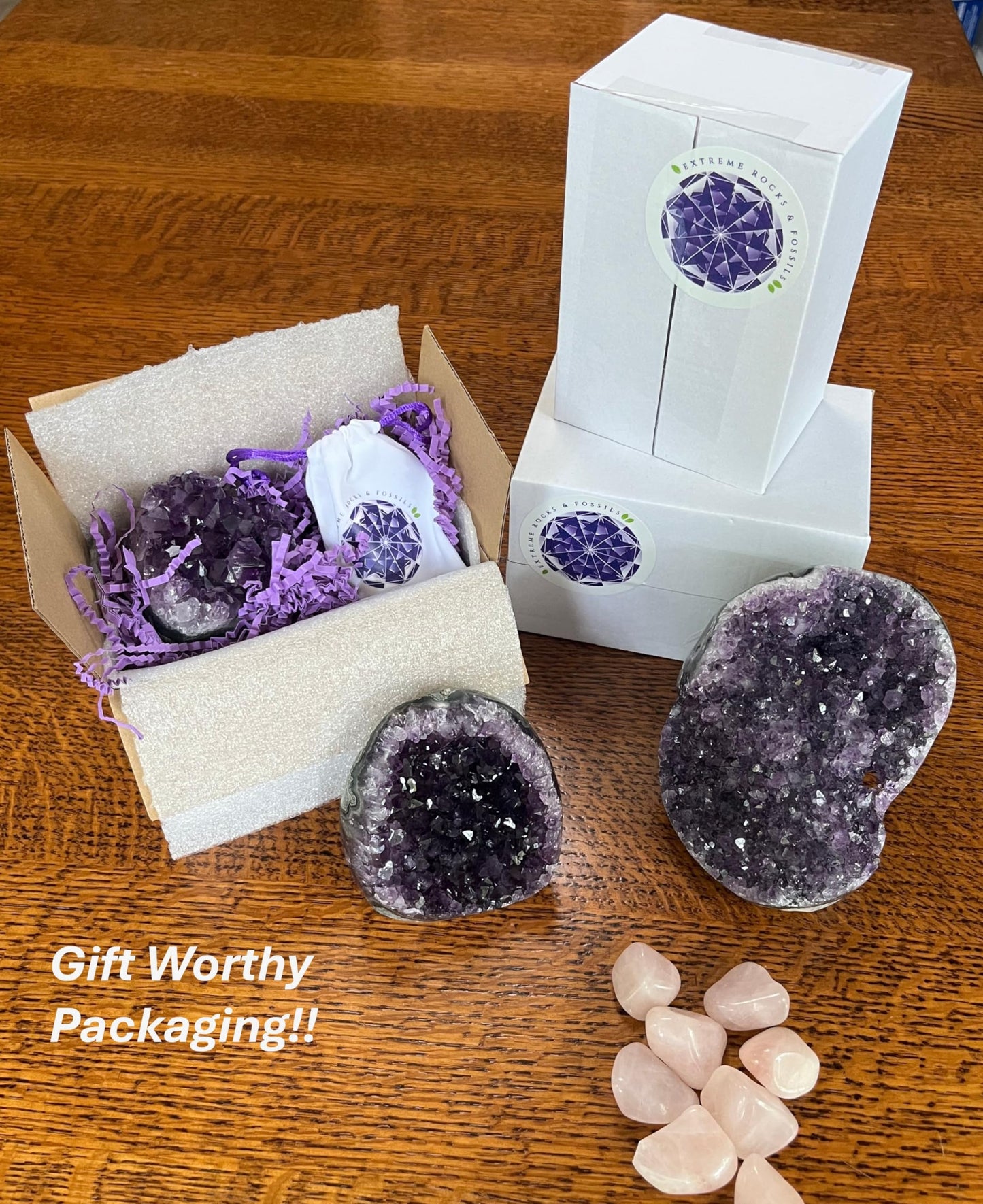 Extreme Rocks & Fossils Natural Amethyst Cluster with Polished Edges [1.5 to 2 lb.] Real Raw Geode Healing Crystal Rock from Uruguay, Deep Purple Decor and a Free Velvet Pouch of Rose Quartz