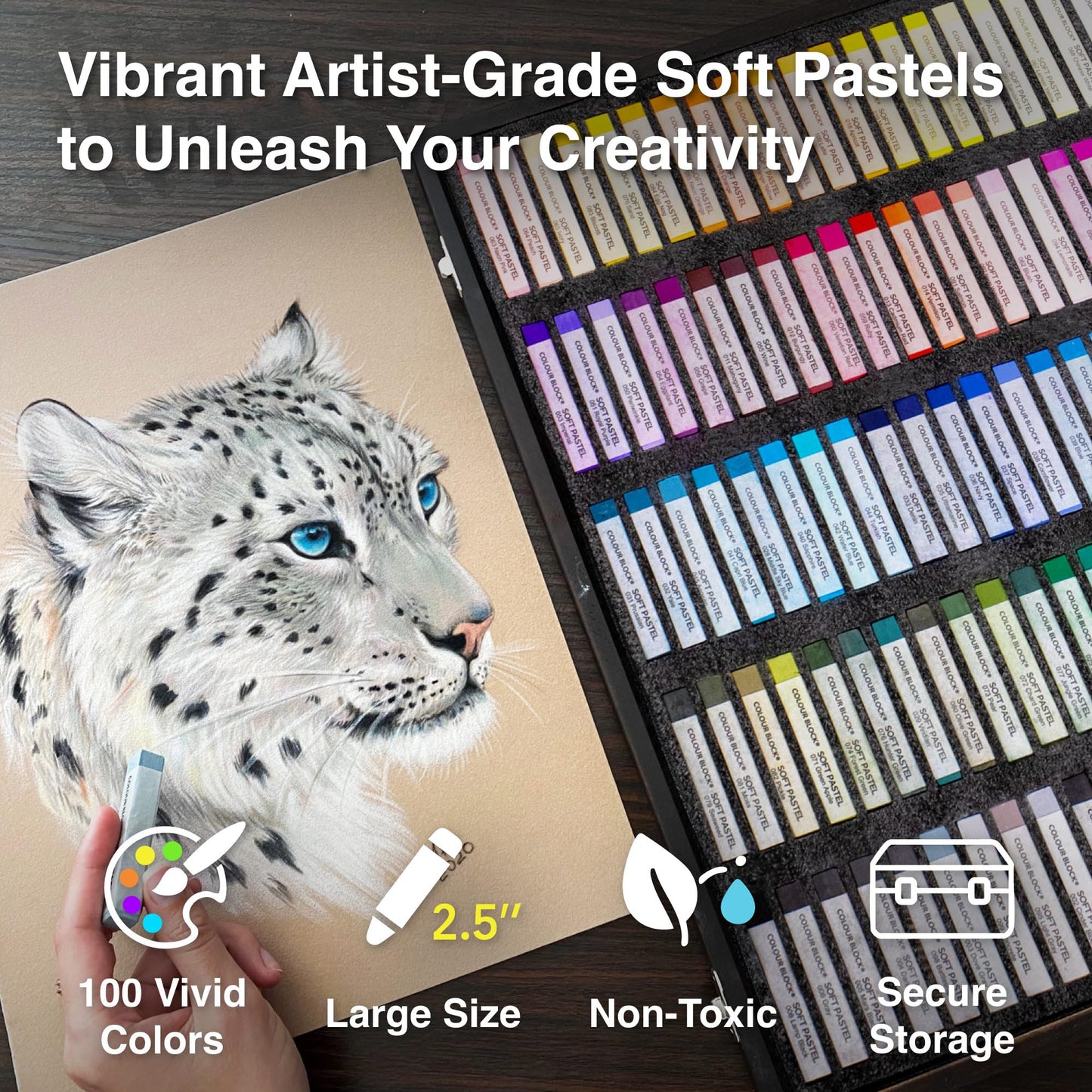COLOUR BLOCK Soft Pastels for Artists - 100 Colors Square Chalk Pastels Set in Wooden Box - Vibrant Pigments Art Kit for Painting, Drawing, Sketching, Hobbyists.