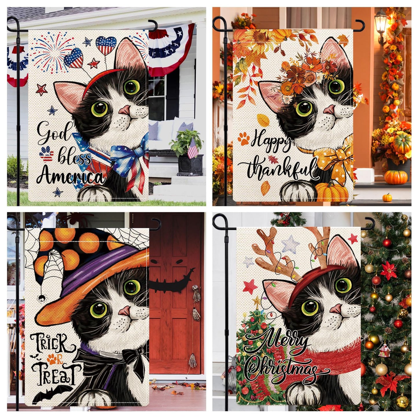 YOVOYOA Cute Black Cat Garden Flags for Outside Set of 12, Welcome Seasonal Garden Flags 12x18 Double Sided, Kitten Yard Flags for All Seasons and Holidays, Winter Spring Yard Flag for Holiday Decor