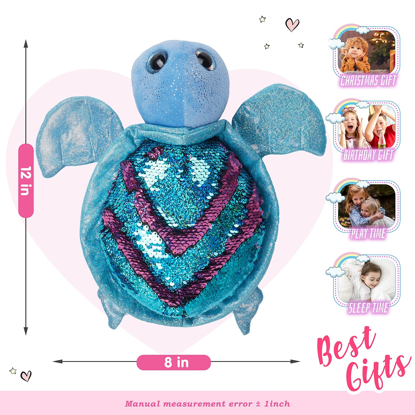 Athoinsu Reversible Sequins Stuffed Animal Sea Turtle Sparkly Soft Plush Toy Ocean Life Tortoise Throw Pillow Birthday Valentine's Day Plushie Gifts for Toddler Kids Boys and Girls, 12'' (Blue)