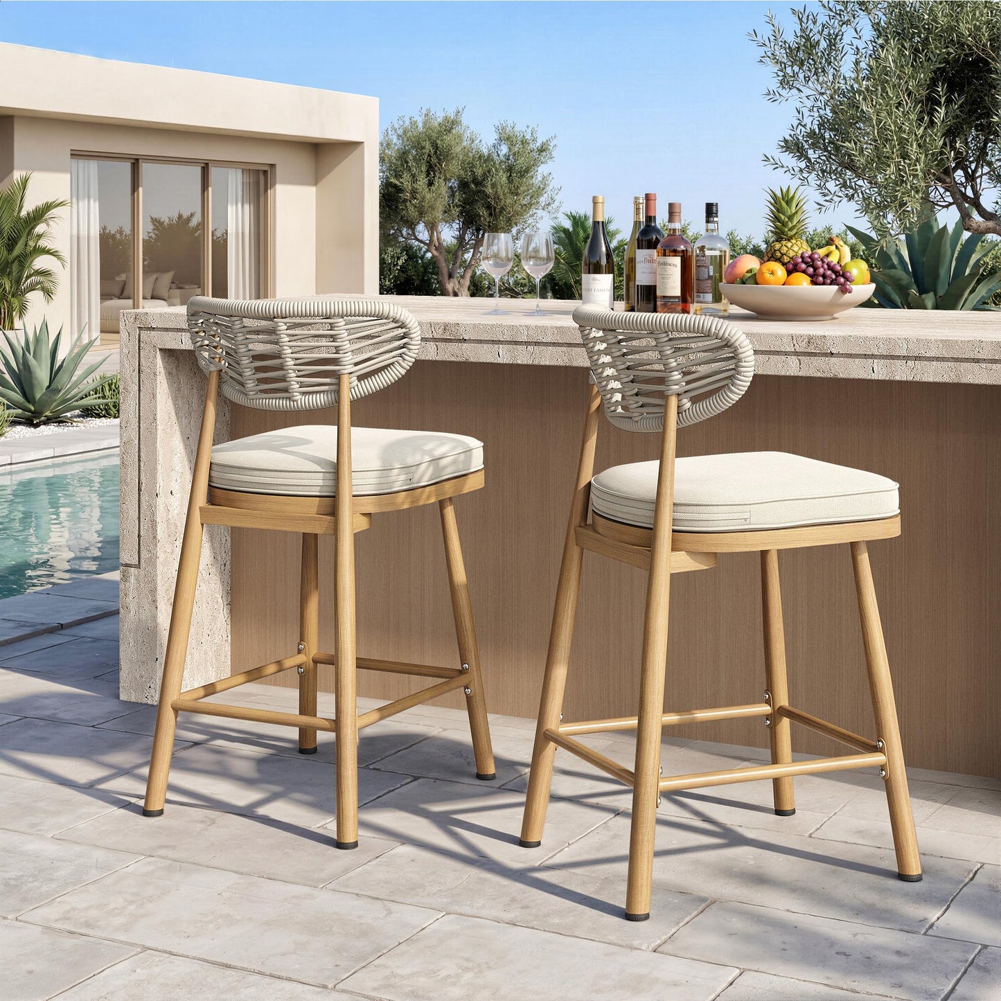 Garden Story Outdoor Bar Stools Set of 2,Woven Barstools with Rattan Back,24" Outdoor Bar Height Stools Wicker,Patio Bar Chairs Boho Bar Stool,Counter Height Bar Stool Aluminum (Natural, 24 Inch)