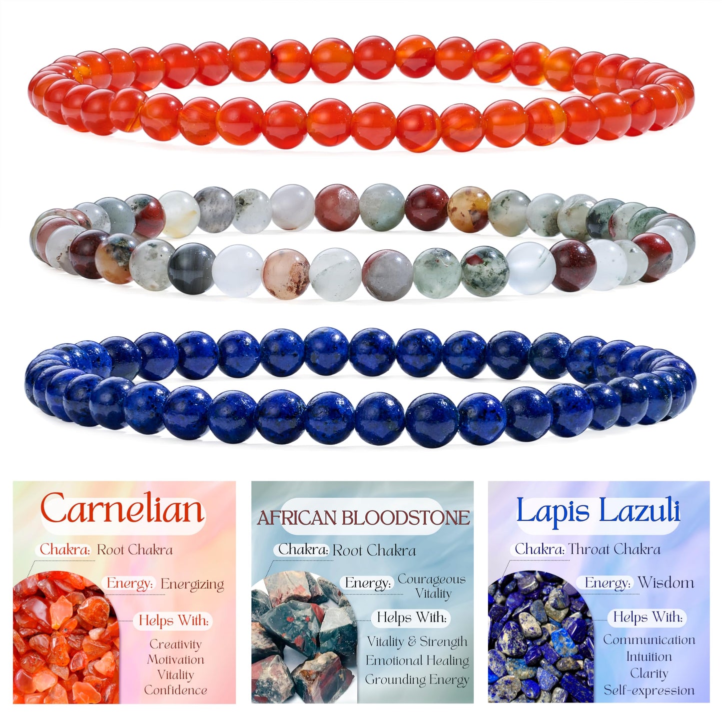 Bivei 3-Piece 4mm Beaded Bracelets for Women – Carnelian, African Bloodstone, Lapis Lazuli – Handmade Natural Crystal Stretch Elastic Jewelry for Meditation, Yoga, Protection Gifts