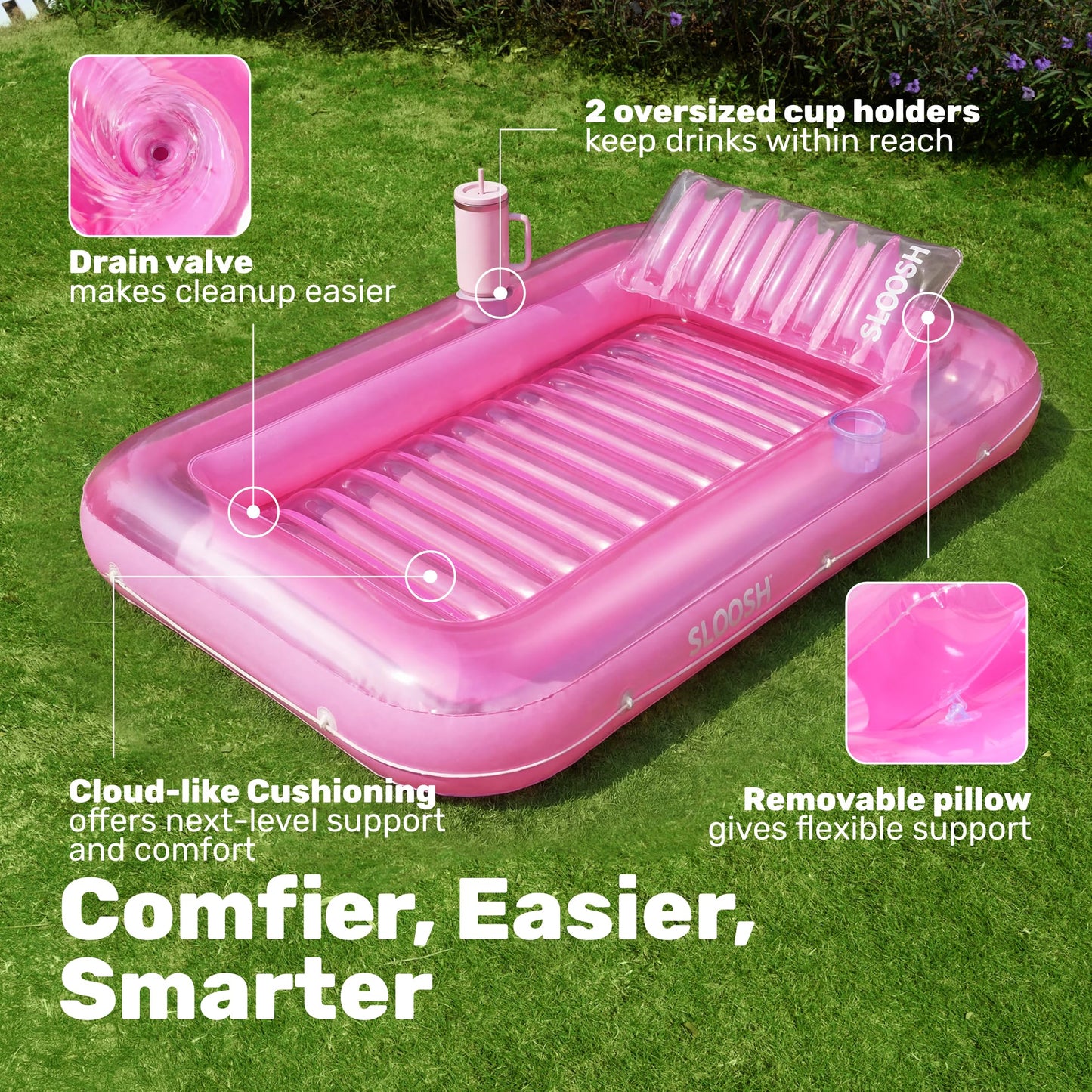 SLOOSH Inflatable Tanning Pool Lounger Float, 70" x 46" Pool Floats Adult with Pillow, 4 in 1 Suntan Tub Raft Floatie,Sunbathing Bed Lounge for Water Blow Up Kids Ball Pit Party Gifts, L-Pink